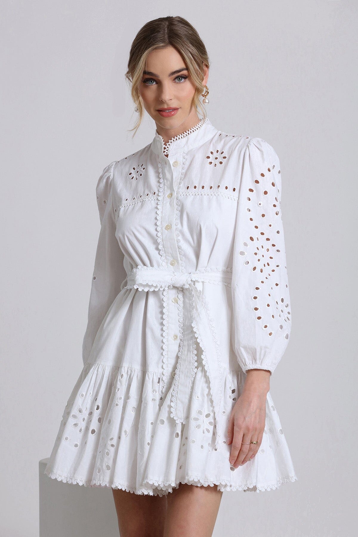 Broderie Anglaise White Cotton Shirtdress Long Sleeve Mini Dress