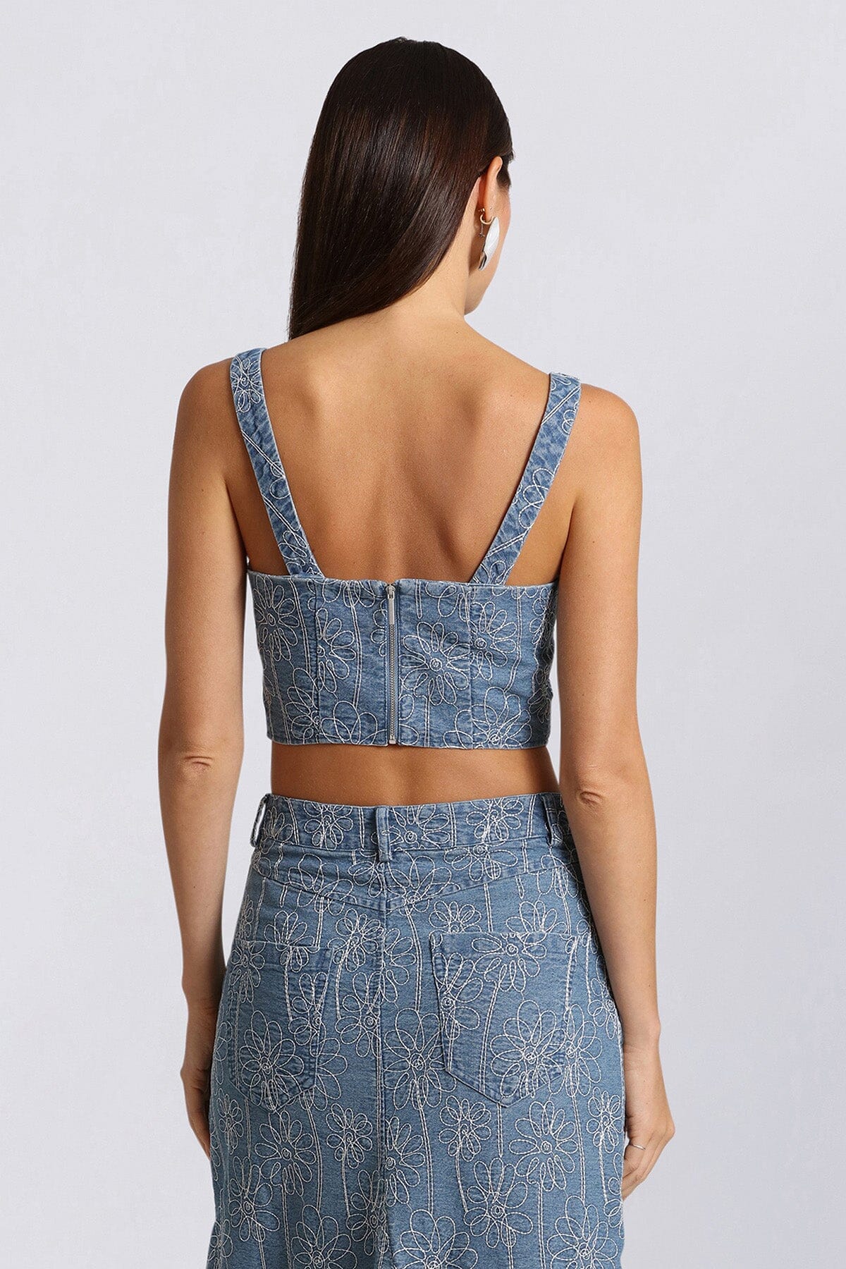 Light blue embroidered denim corset crop top - figure flattering cropped tops for women's summer 2024 fashion trends by Avec Les Filles