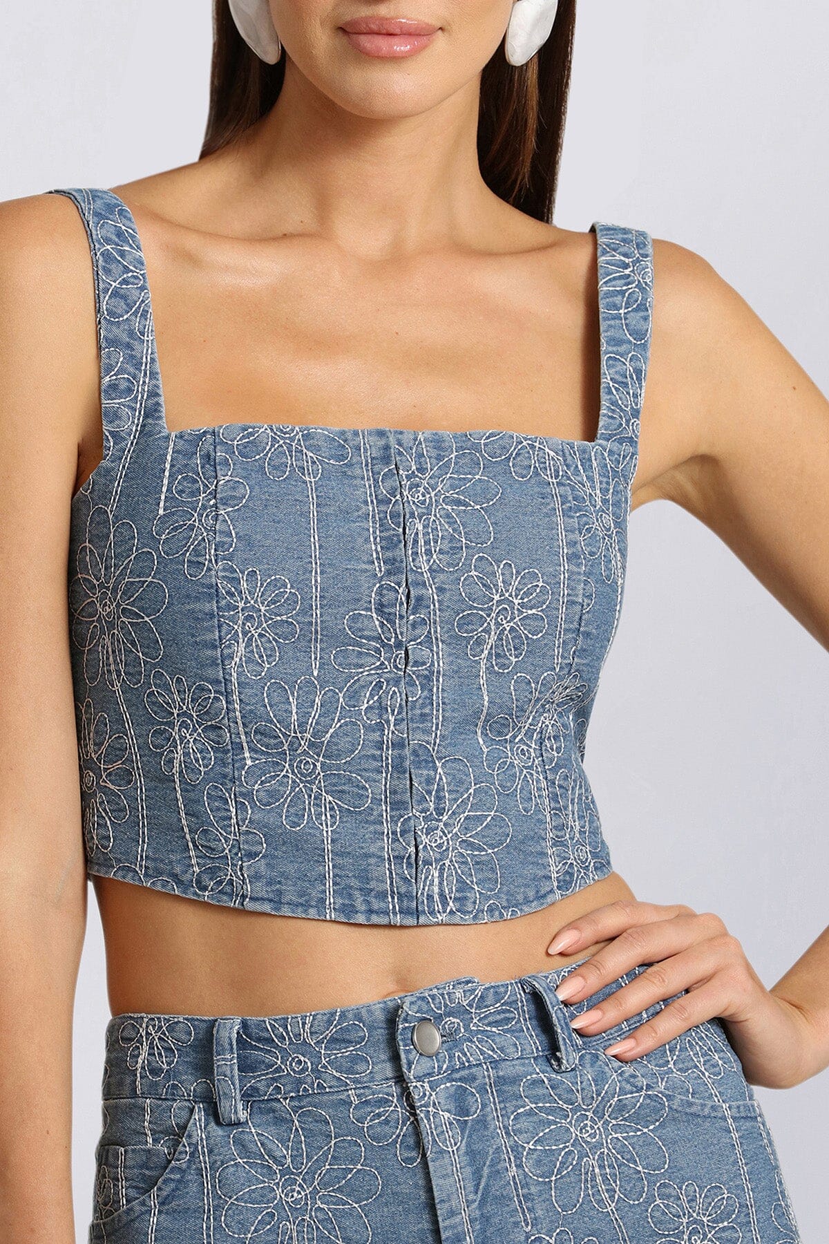 Light blue embroidered denim corset crop top - women's figure flattering spring 2024 cropped tops by Avec Les Filles