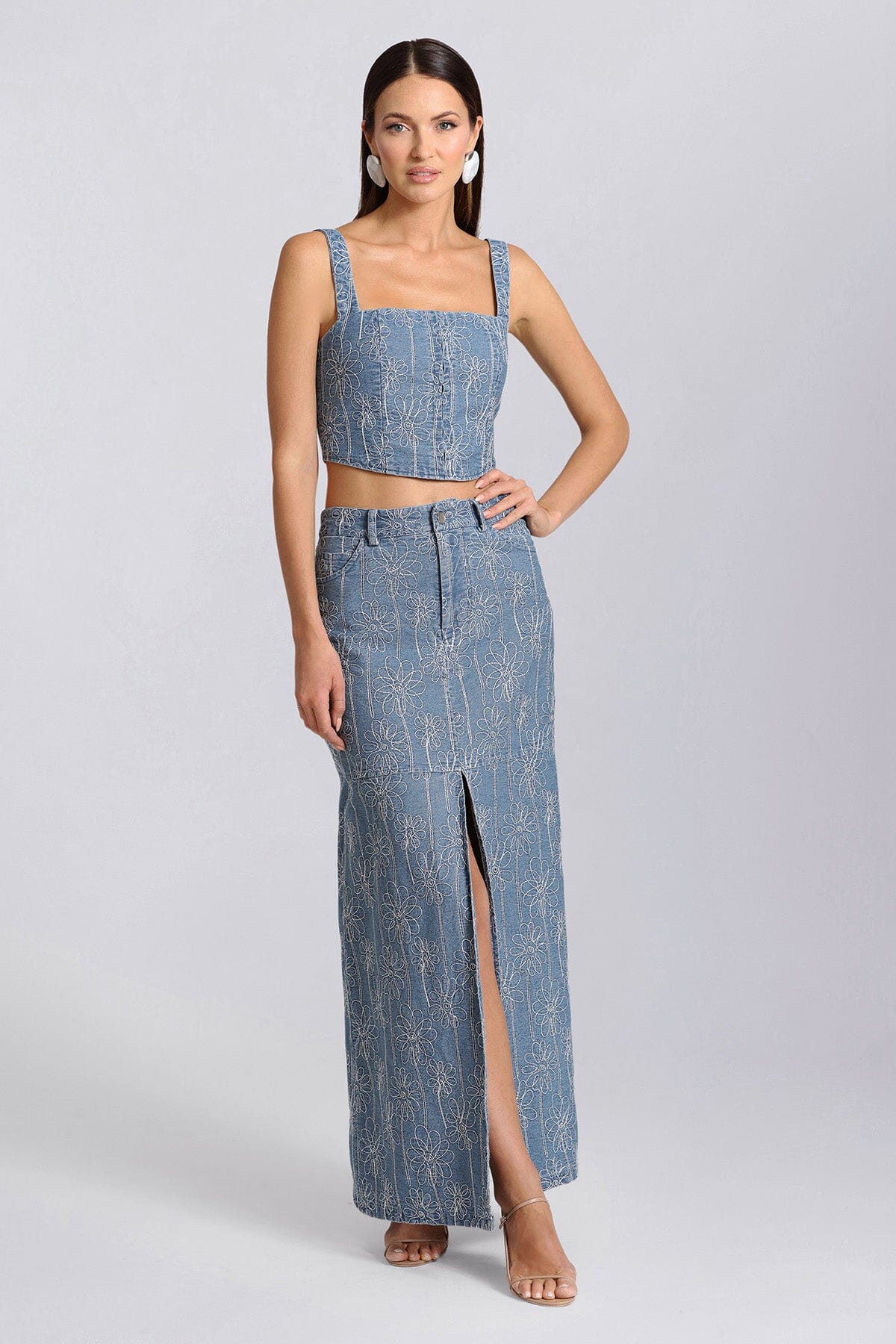 Light blue embroidered denim long maxi skirt - figure flattering office to date night skirts for ladies by Avec Les Filles