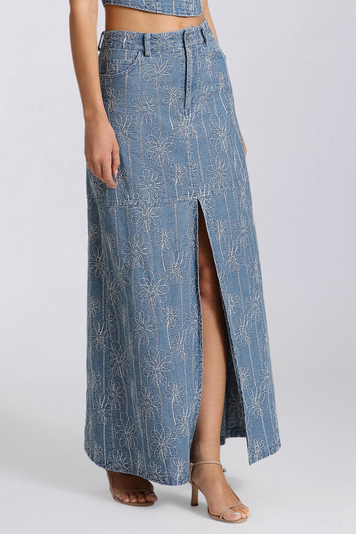 Light blue embroidered denim long maxi skirt - figure flattering summer skirts for women's fashion trends by Avec Les Filles
