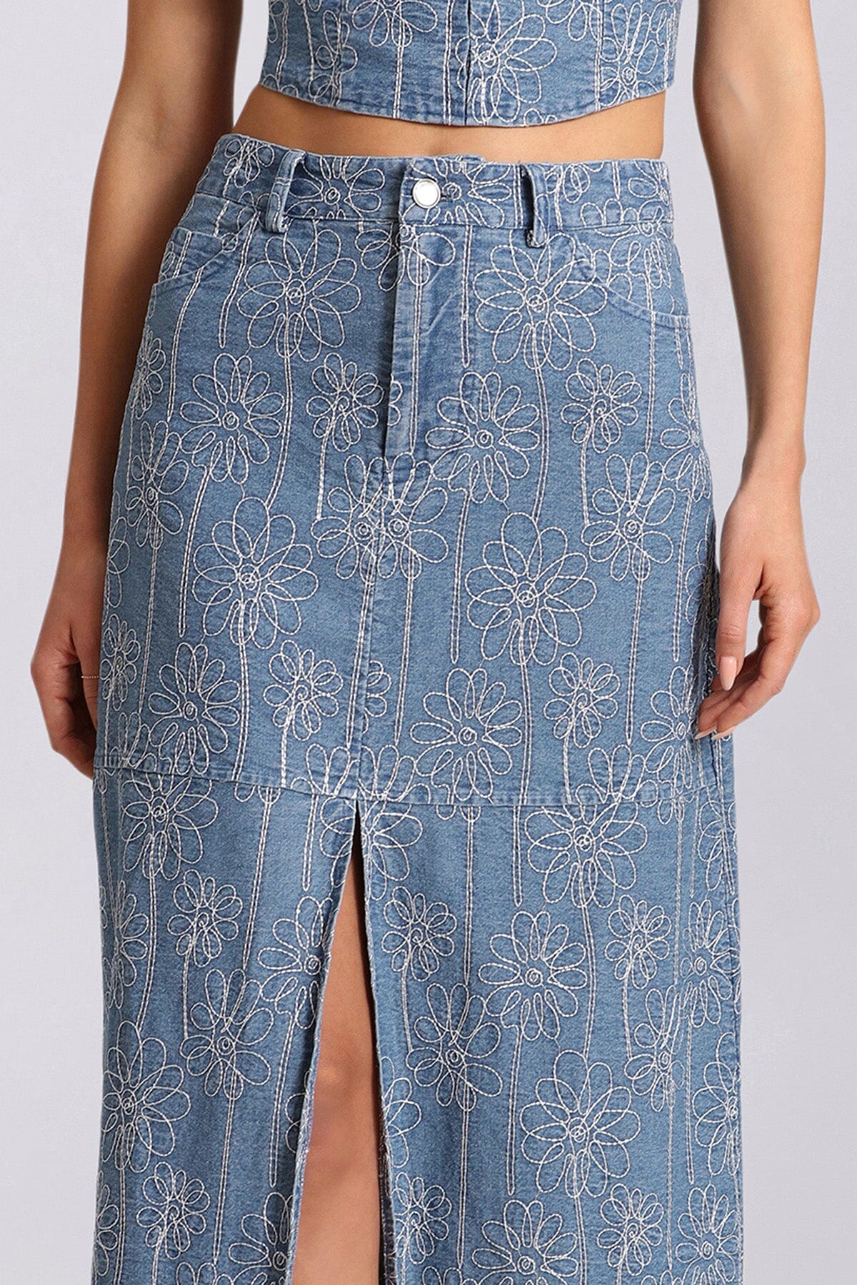 Light blue embroidered denim long maxi skirt - figure flattering summer brunch skirts ladies fashion trends by Avec Les Filles