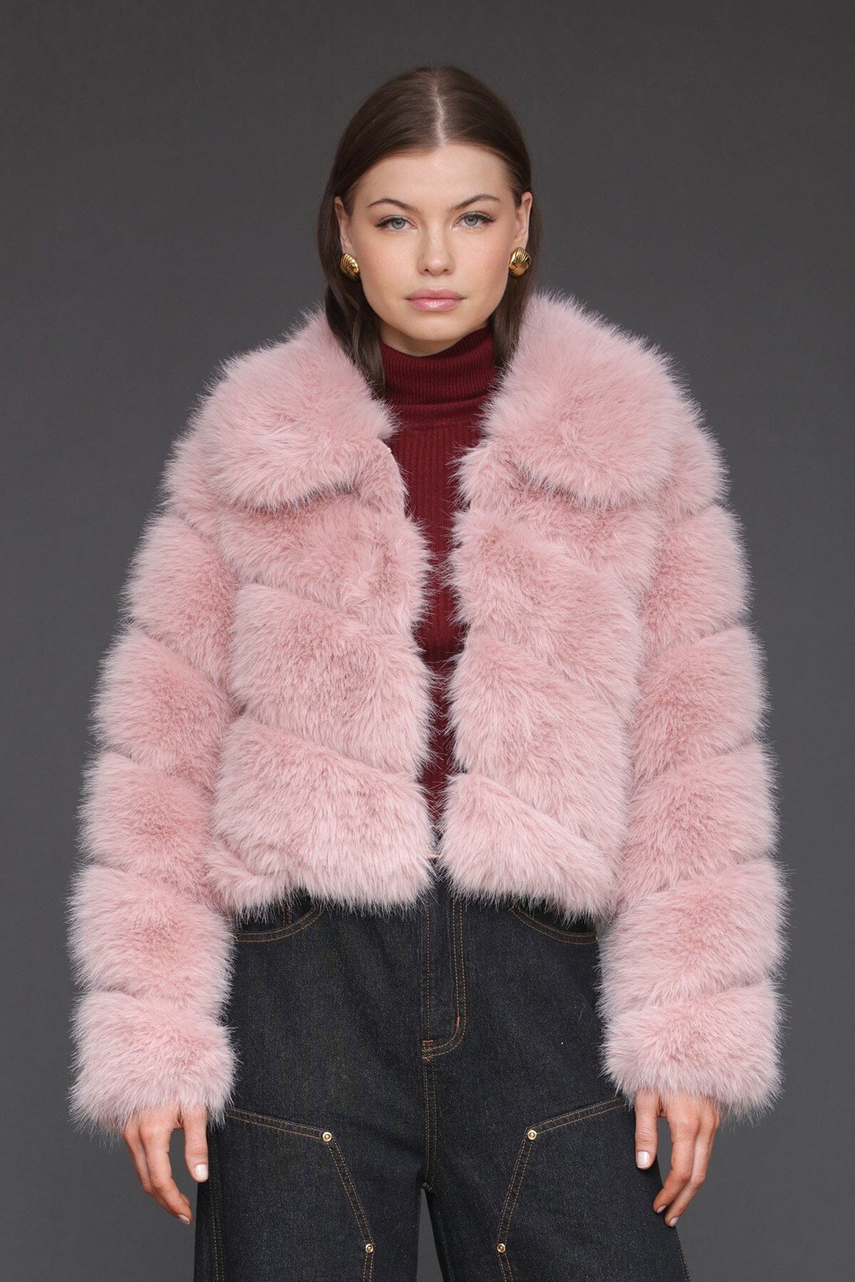 Luxe faux fur paneled blush pink cropped coat with structured point collar and side pockets - Cute women's coats by Avec Les Filles