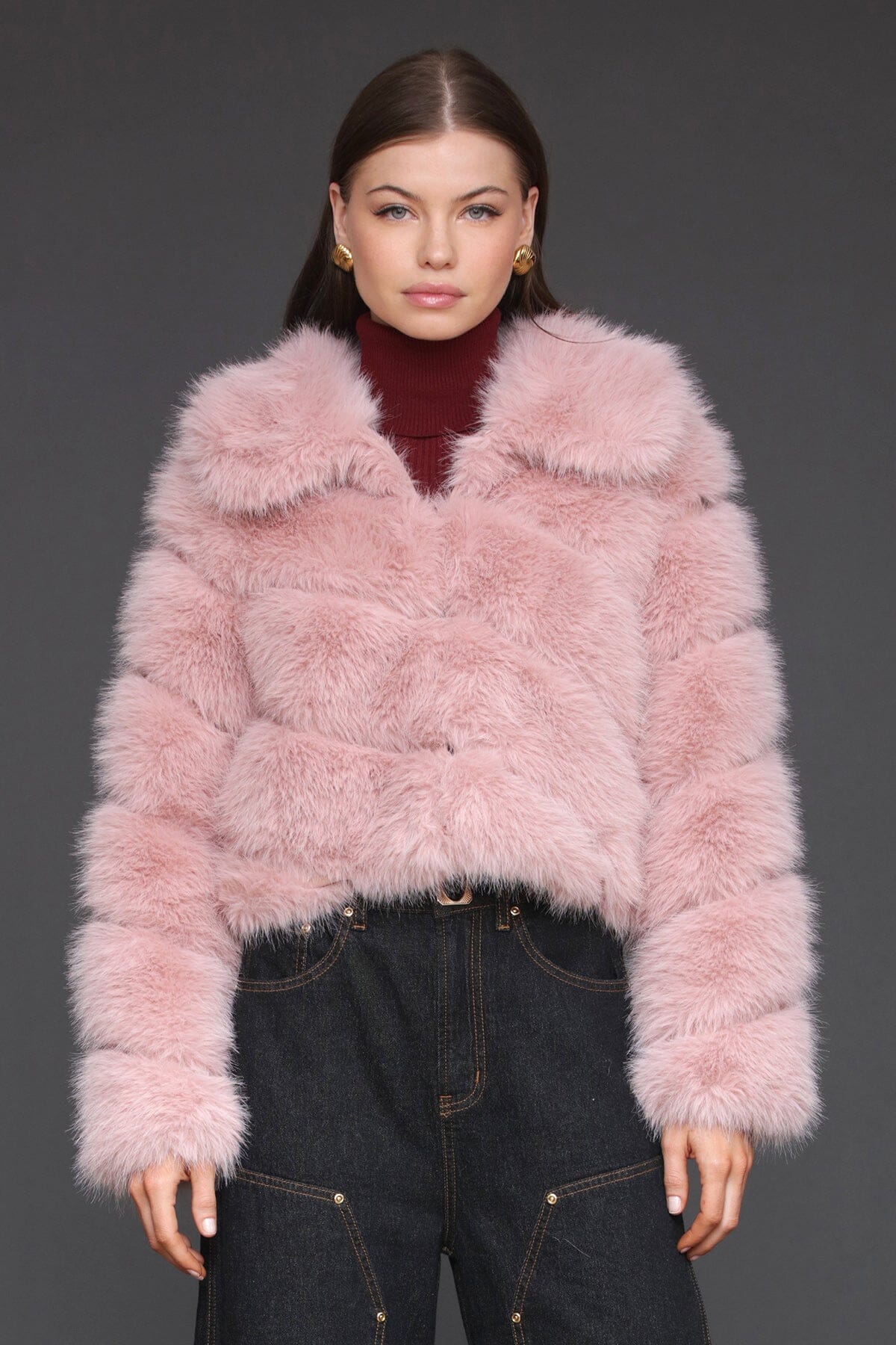 Luxe faux fur paneled blush pink cropped coat with structured point collar and side pockets - Cute women's coats by Avec Les Filles