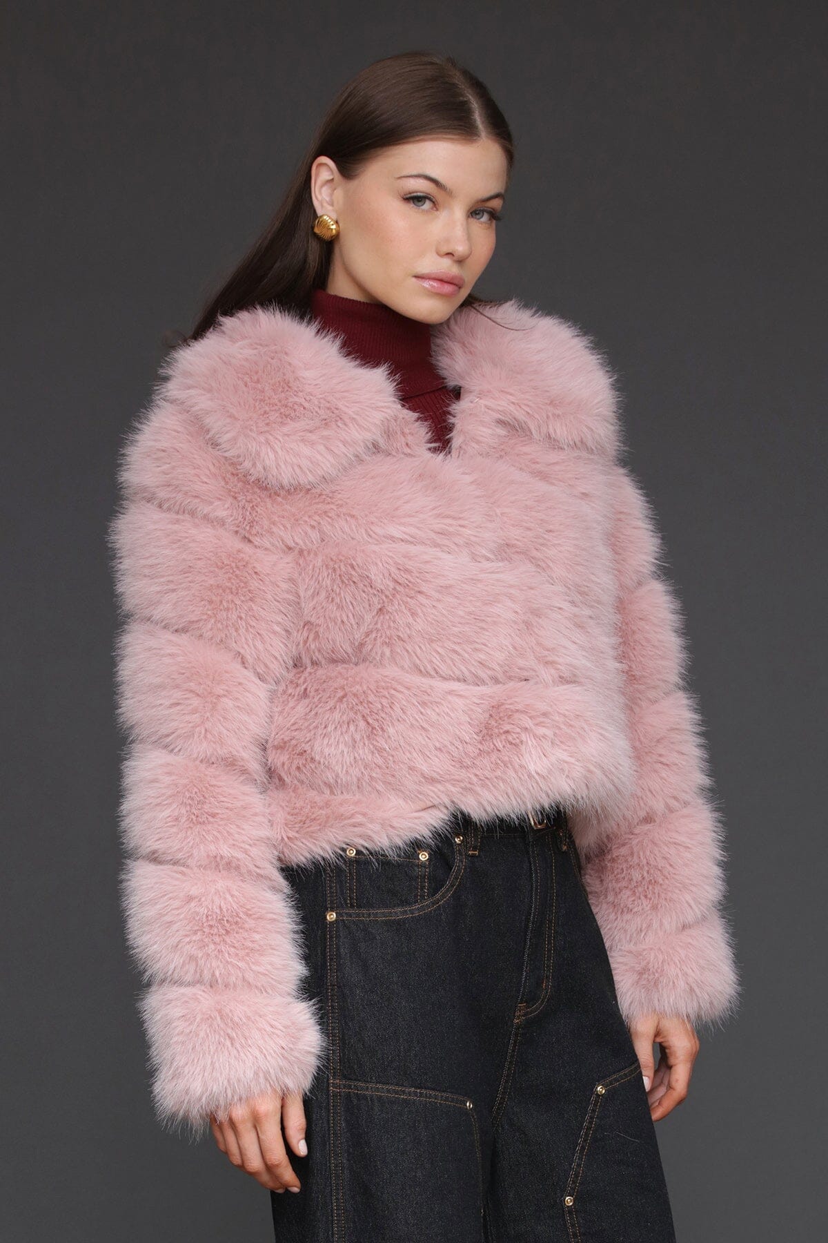 Luxe faux fur paneled blush pink cropped coat with structured point collar and side pockets - Cute women's coats by Avec Les Filles