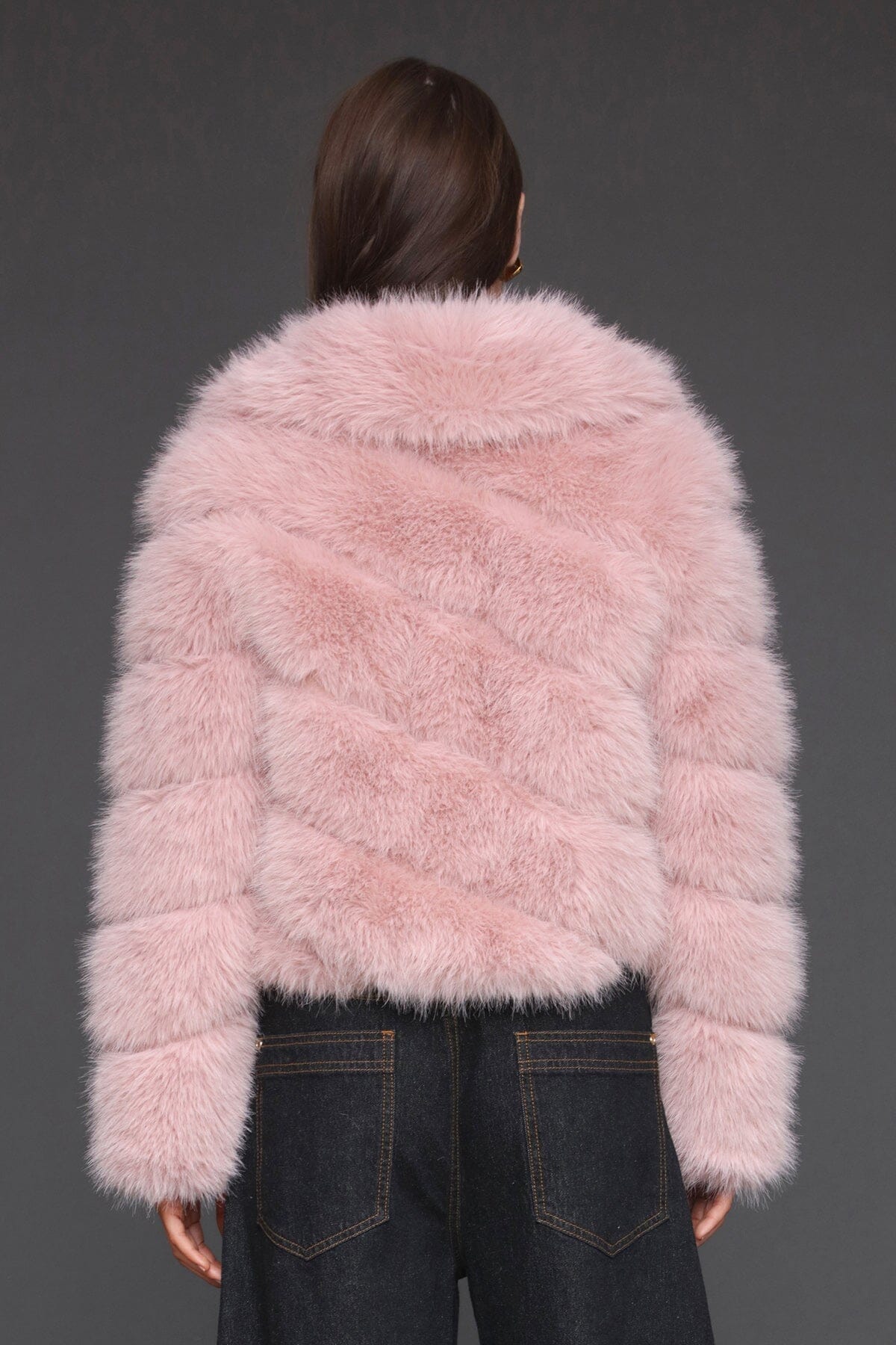 Luxe faux fur paneled blush pink cropped coat with structured point collar and side pockets - Cute women's coats by Avec Les Filles