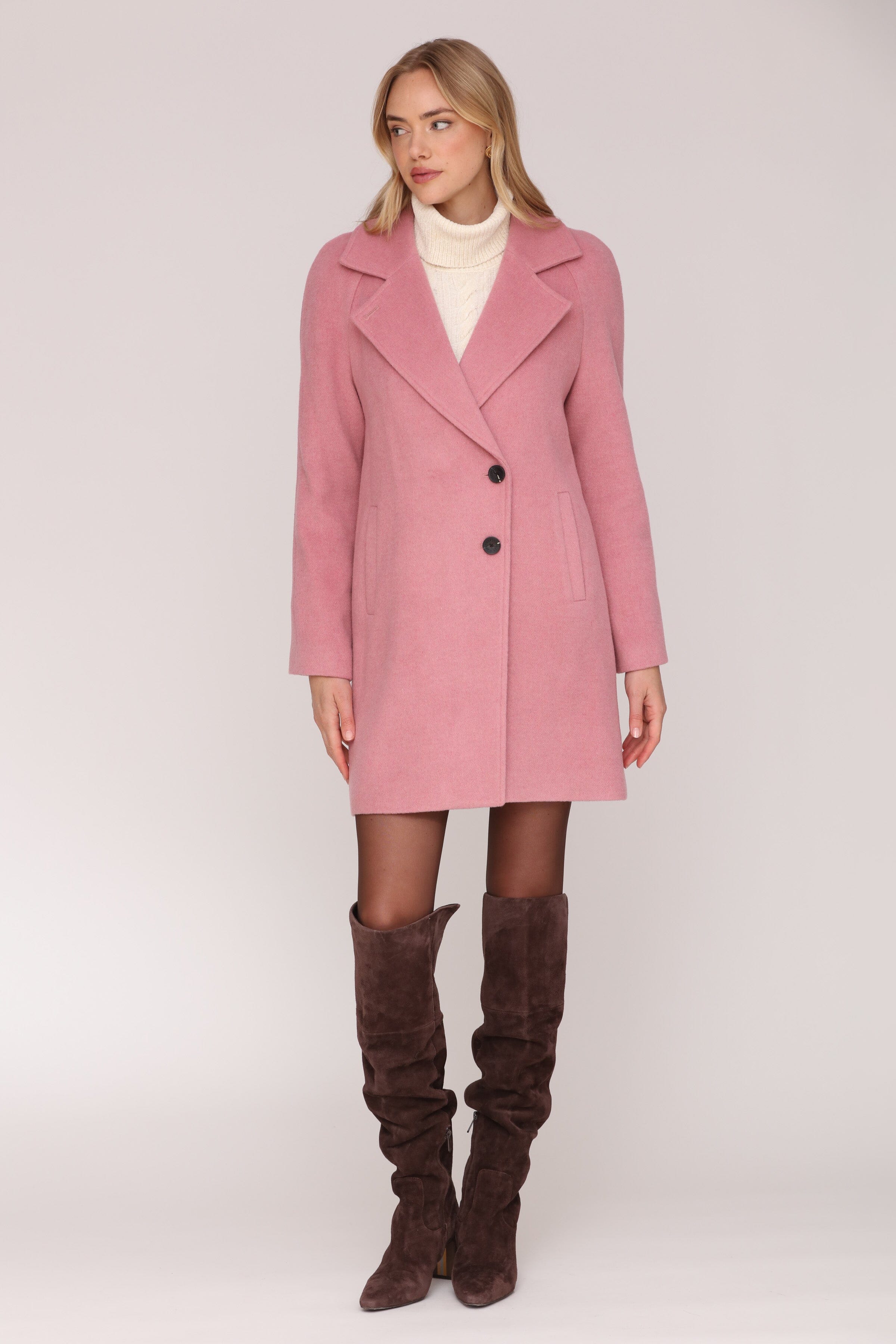 Relaxed mid-length pink wool-blend walker button-front coat with notched lapel collar and side welt pockets - Shop cute women’s coats by Avec Les Filles