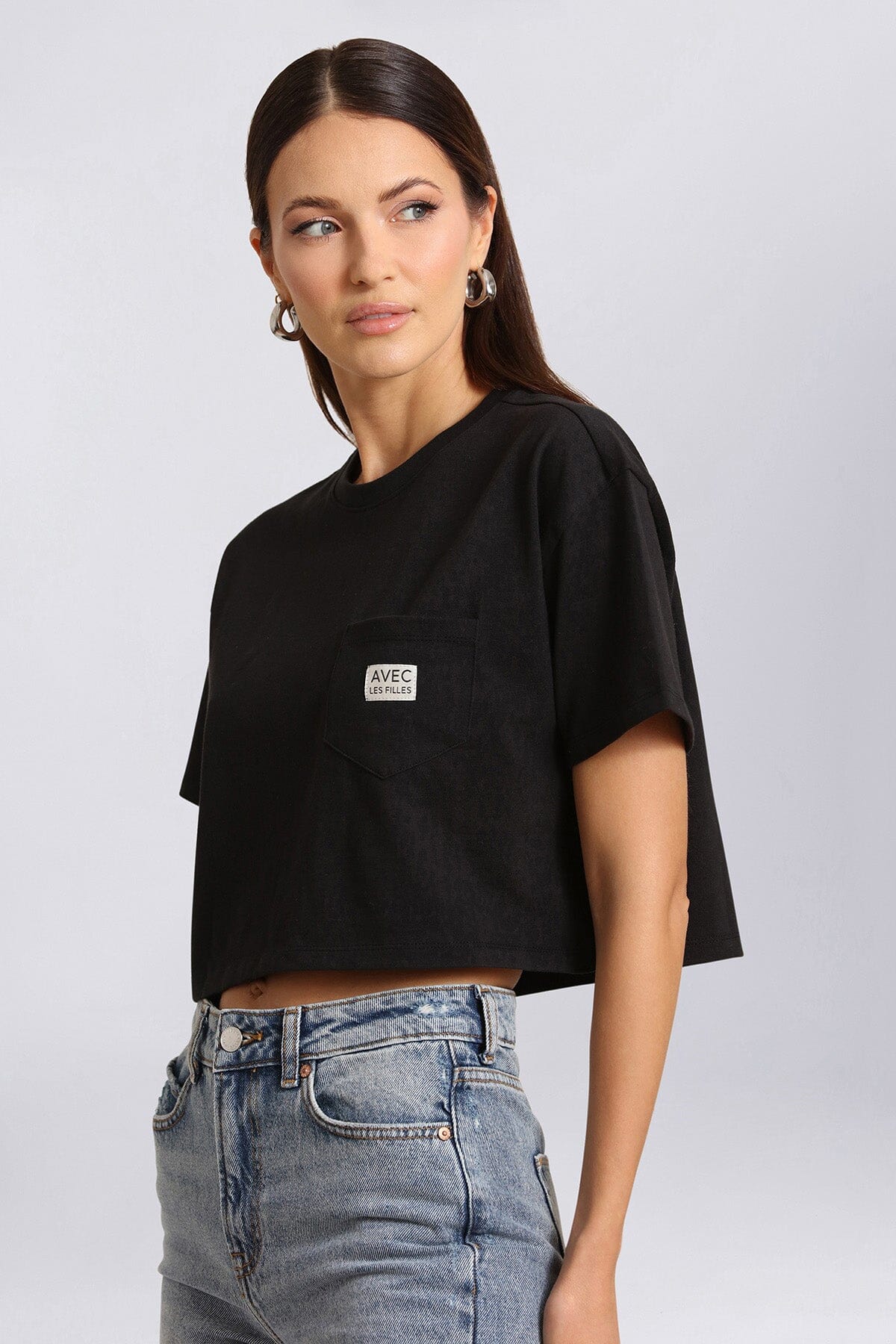 Black logo cropped cotton crew neck T-shirt with drop-shoulders and short sleeves - Cute women's shirts & tops by Avec Les Filles