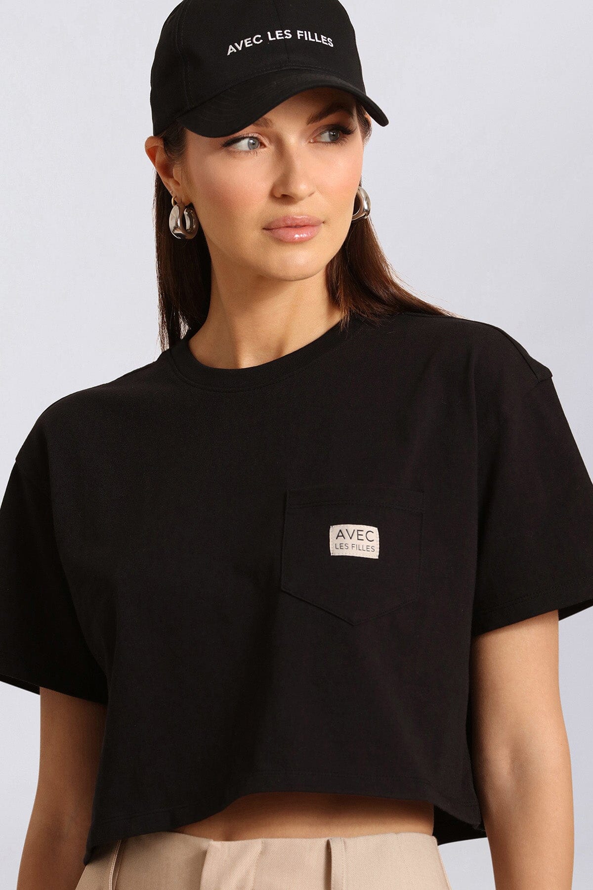 Black logo cropped cotton T-shirt with short sleeves and crew neck - Cute women's shirts & tops by Avec Les Filles