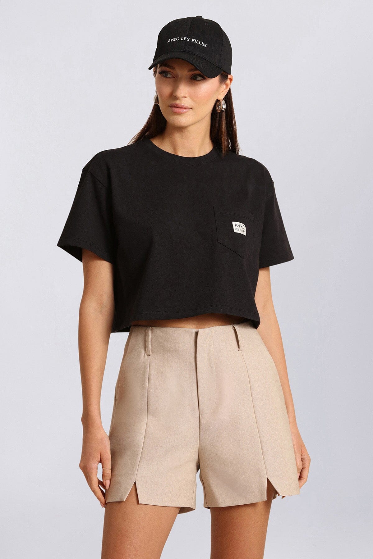 Black logo cropped cotton T-shirt with short sleeves and crew neck - Cute women's shirts & tops by Avec Les Filles