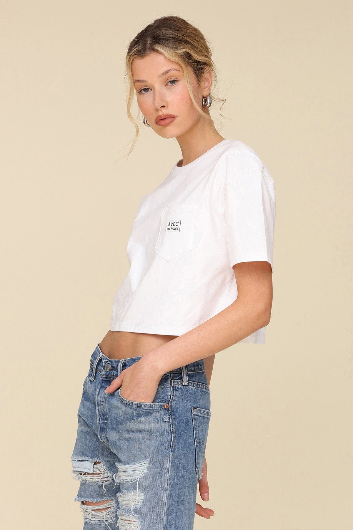 White logo cropped cotton tee with short sleeves and crew neck - Cute women's shirts & tops by Avec Les Filles