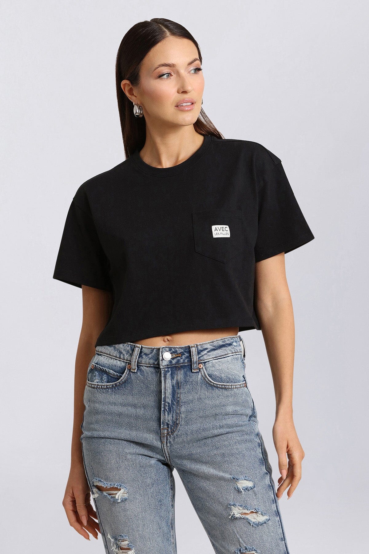 Black logo cropped cotton crew neck T-shirt with drop-shoulders and short sleeves - Cute women's shirts & tops by Avec Les Filles