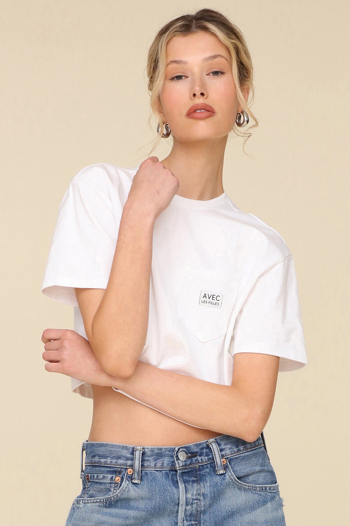 White logo cropped cotton T-shirt with short sleeves and crew neck - Cute women's shirts & tops by Avec Les Filles