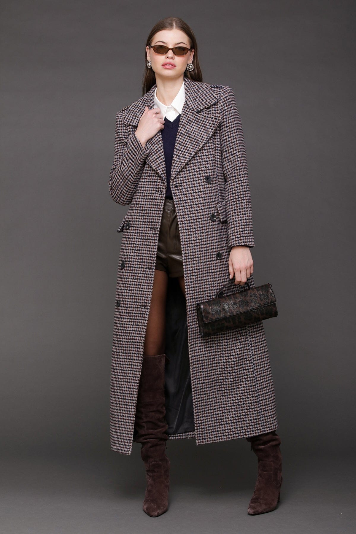 Heritage grey navy houndstooth double-breasted front maxi coat made from wool blend - Cute women's long maxi coats by Avec Les Filles