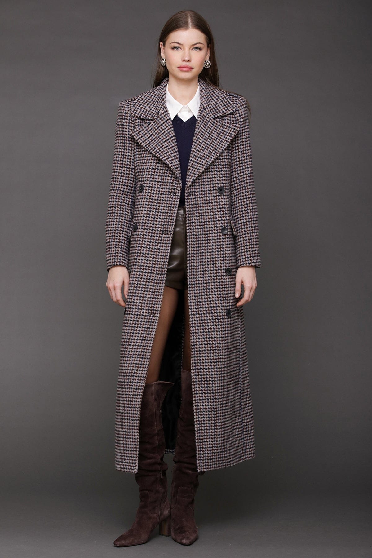 Heritage grey navy houndstooth double-breasted front maxi coat made from wool blend - Cute women's long maxi coats by Avec Les Filles
