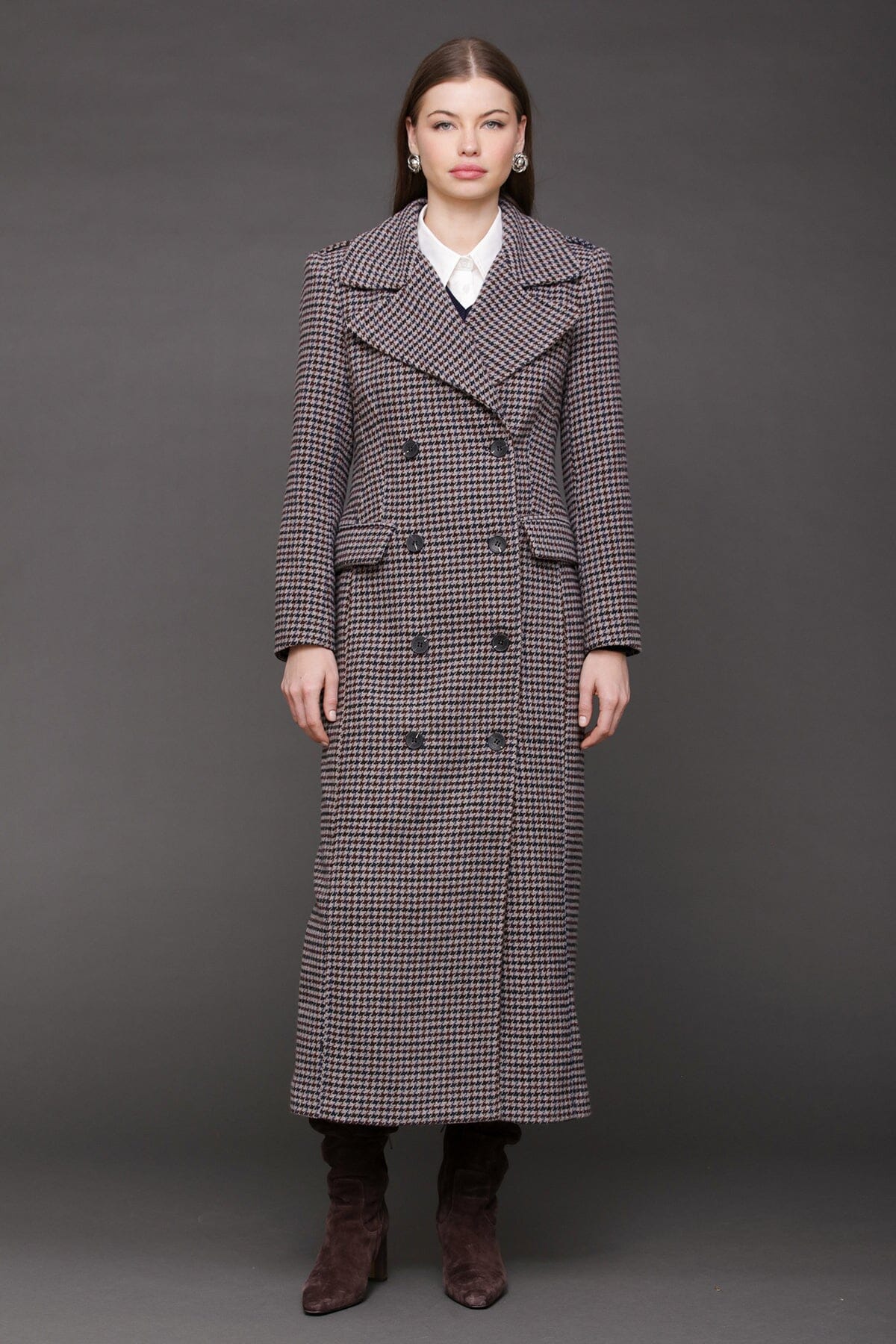 Heritage grey navy houndstooth double-breasted front maxi coat made from wool blend - Cute women's long maxi coats by Avec Les Filles