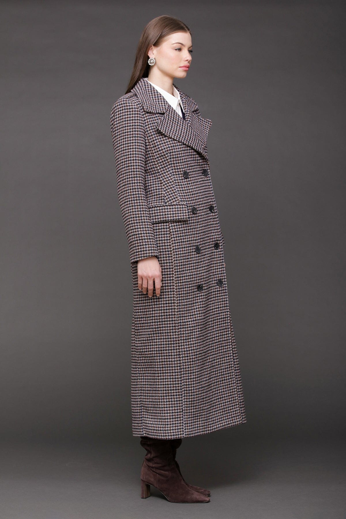 Heritage grey navy houndstooth double-breasted front maxi coat made from wool blend - Cute women's long maxi coats by Avec Les Filles
