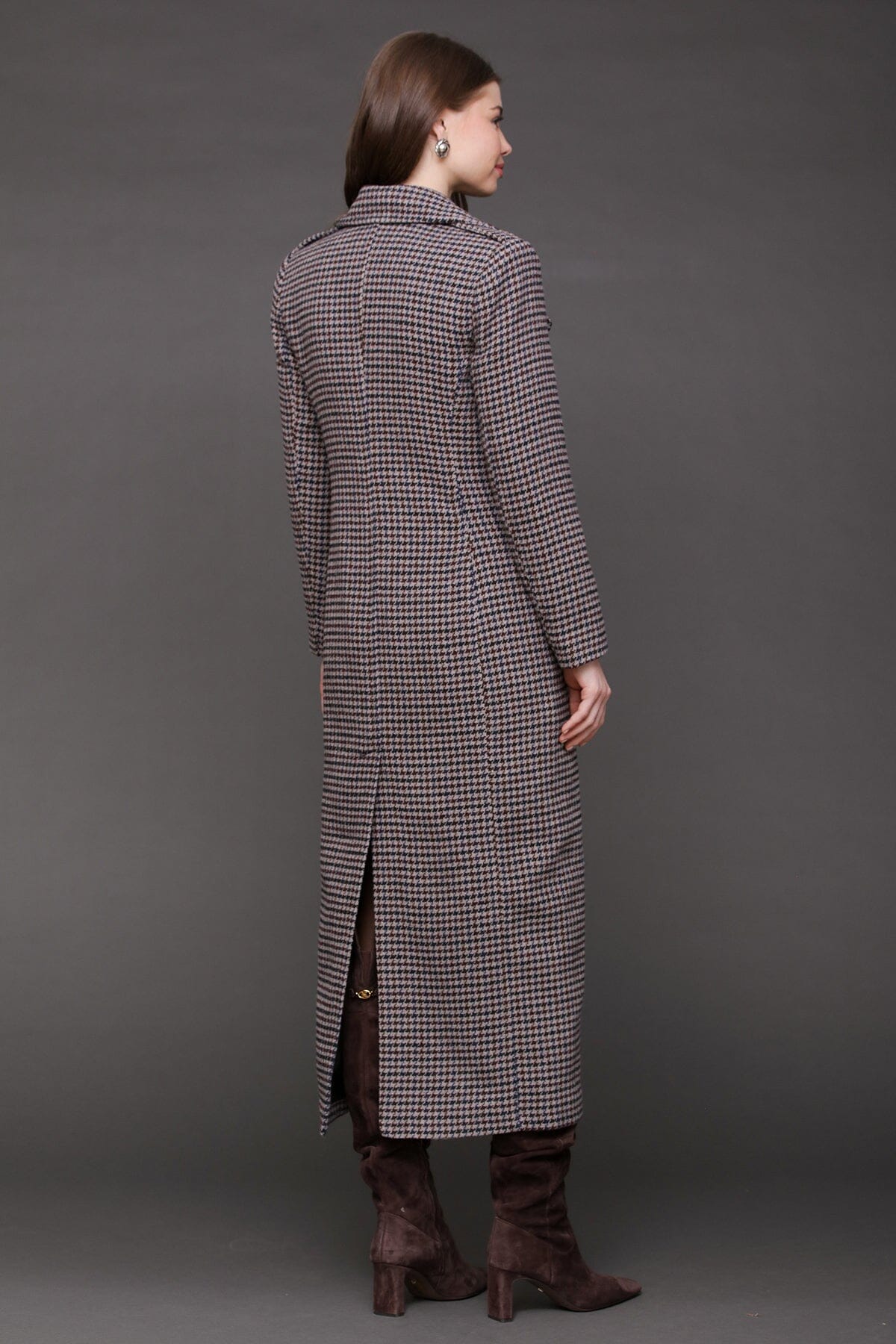 Heritage grey navy houndstooth double-breasted front maxi coat made from wool blend - Cute women's long maxi coats by Avec Les Filles