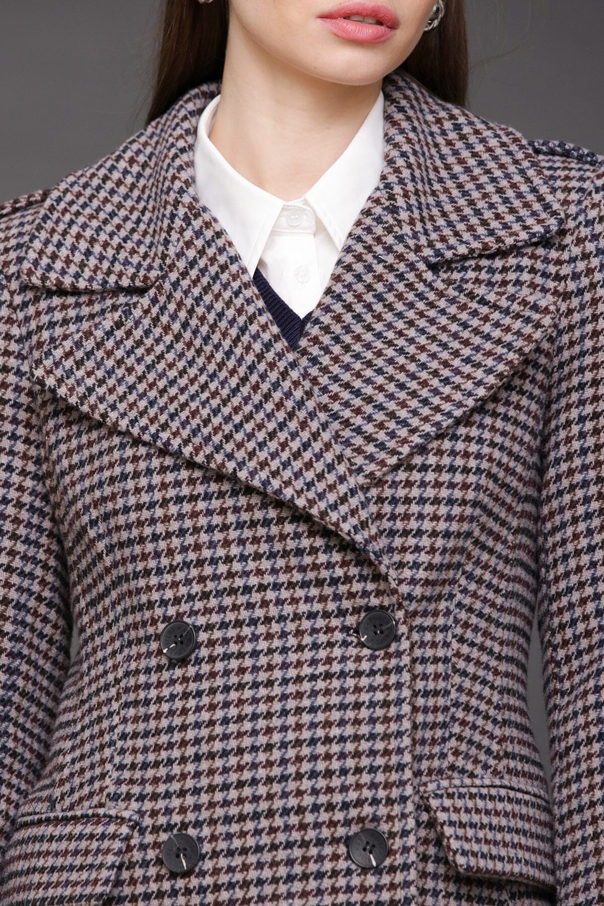 Heritage grey navy houndstooth double-breasted front maxi coat made from wool blend - Cute women's long maxi coats by Avec Les Filles
