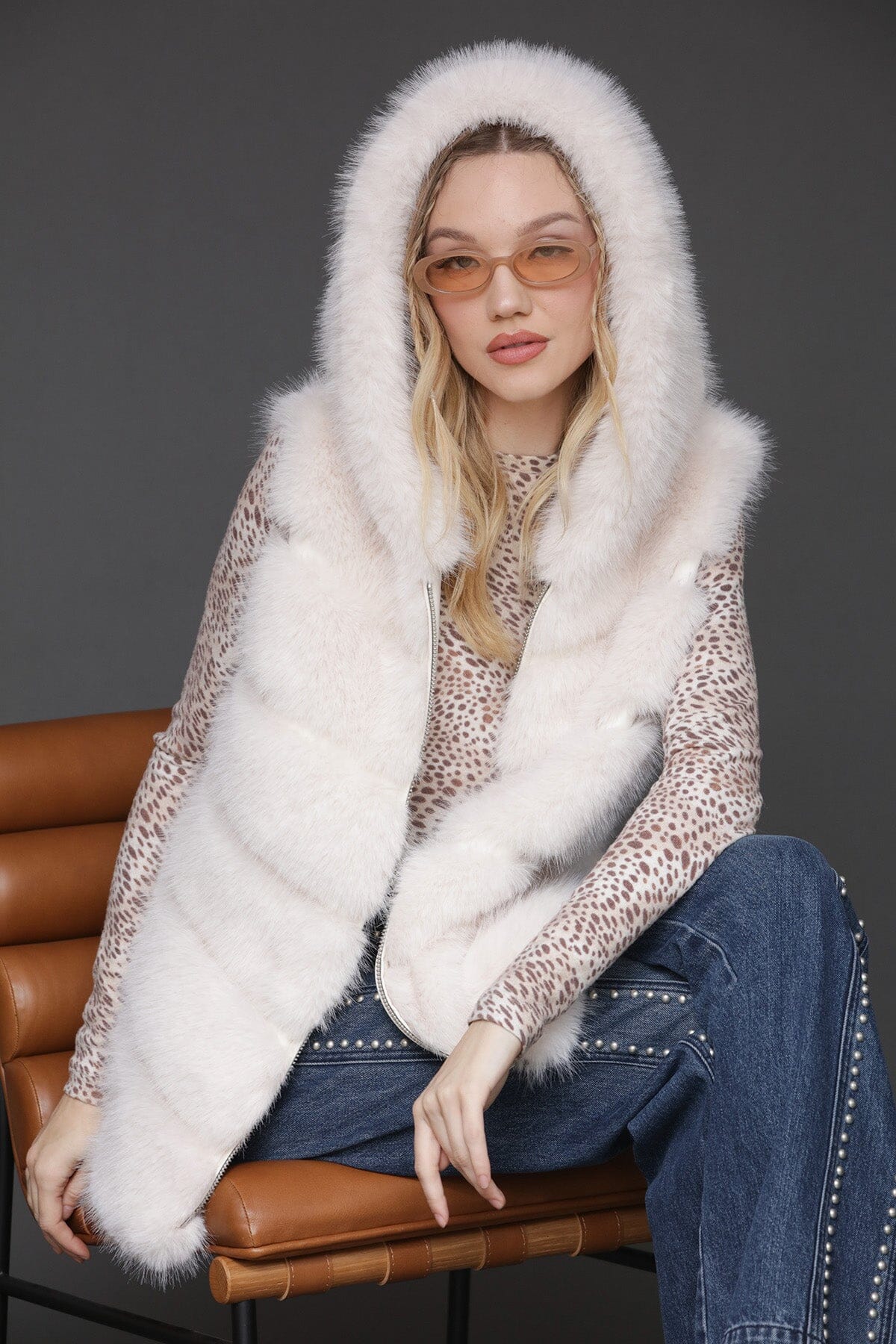 Plush luxe faux fur paneled cream Off white zip-front vest with hood and sleeveless - Cute women's vests by Avec Les Filles