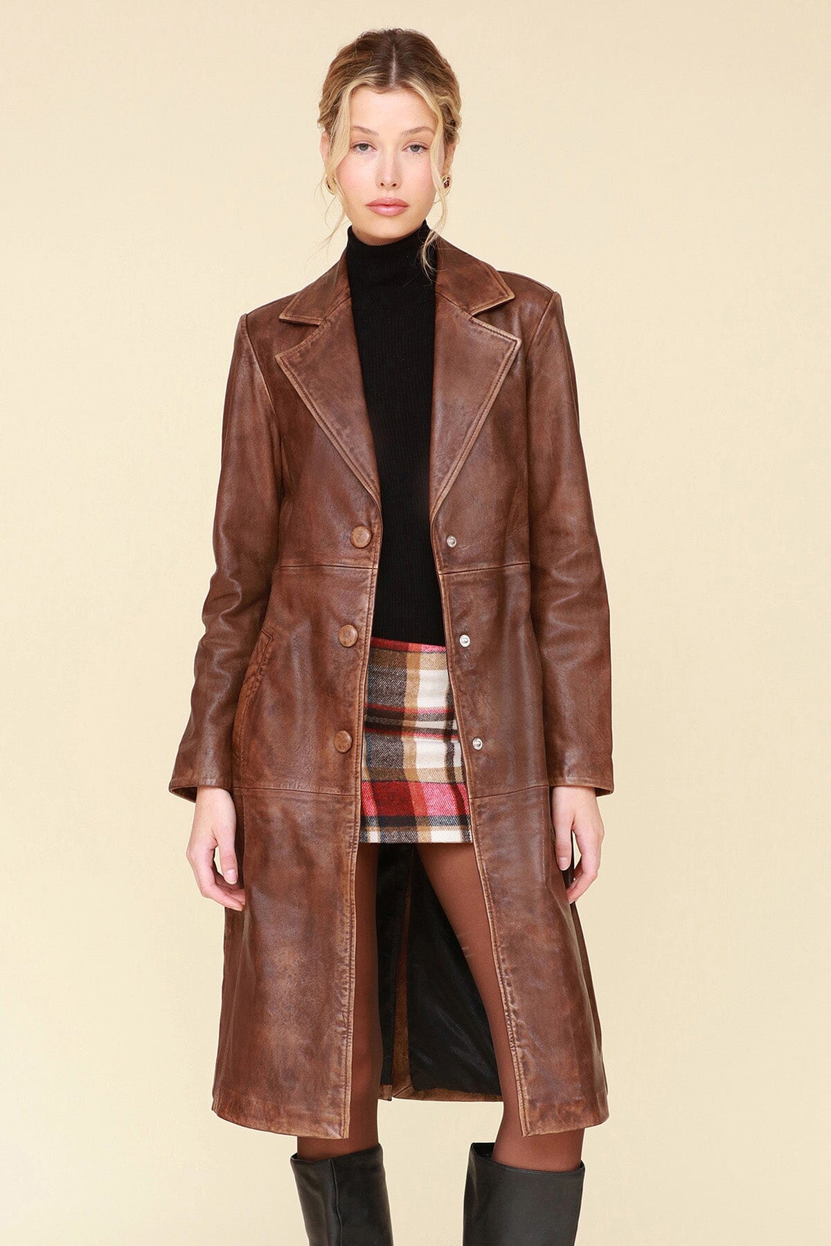 Vintage Wash Genuine Leather Belted Trench Coat