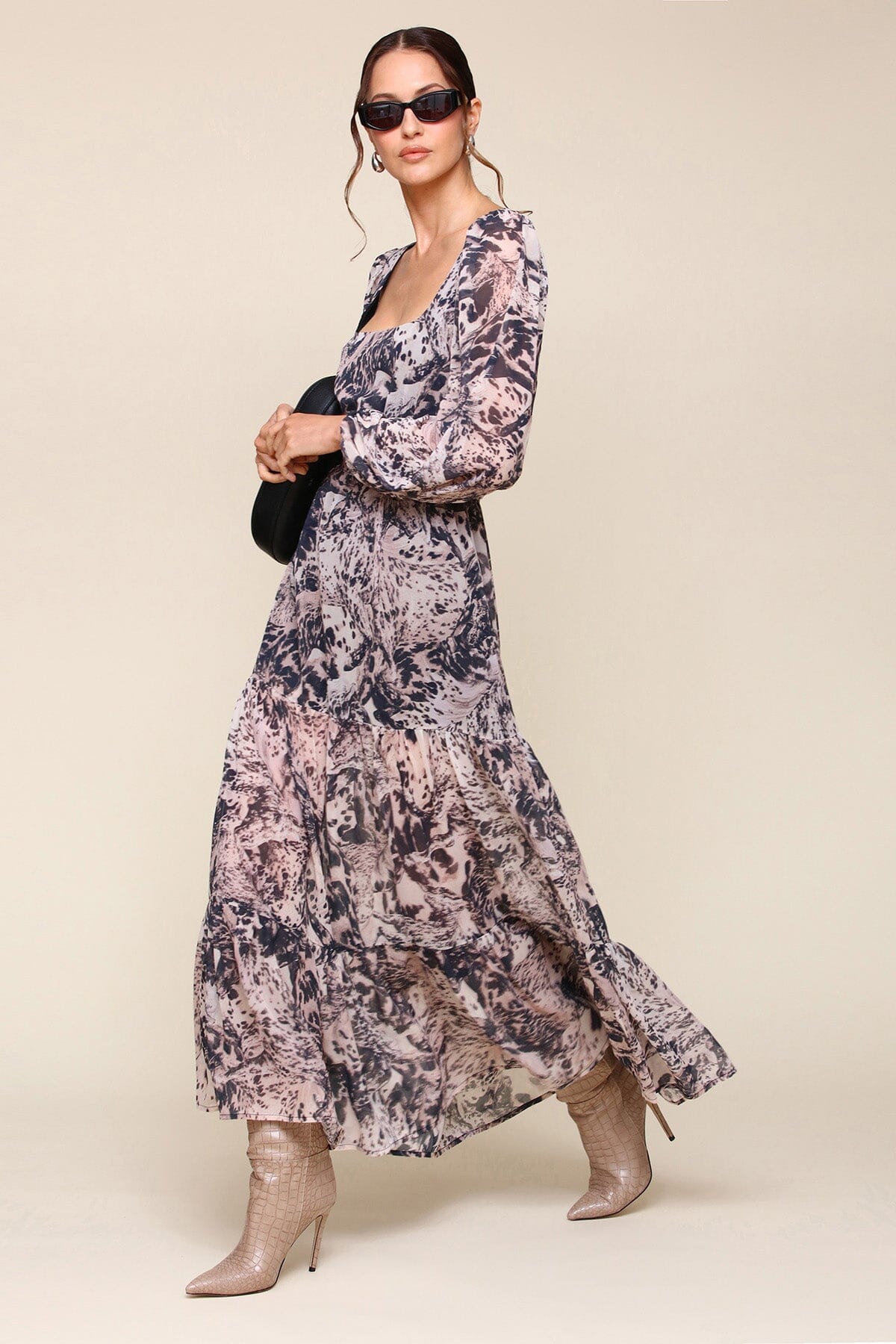 Equestrian Print Tiered Chiffon Maxi Dress