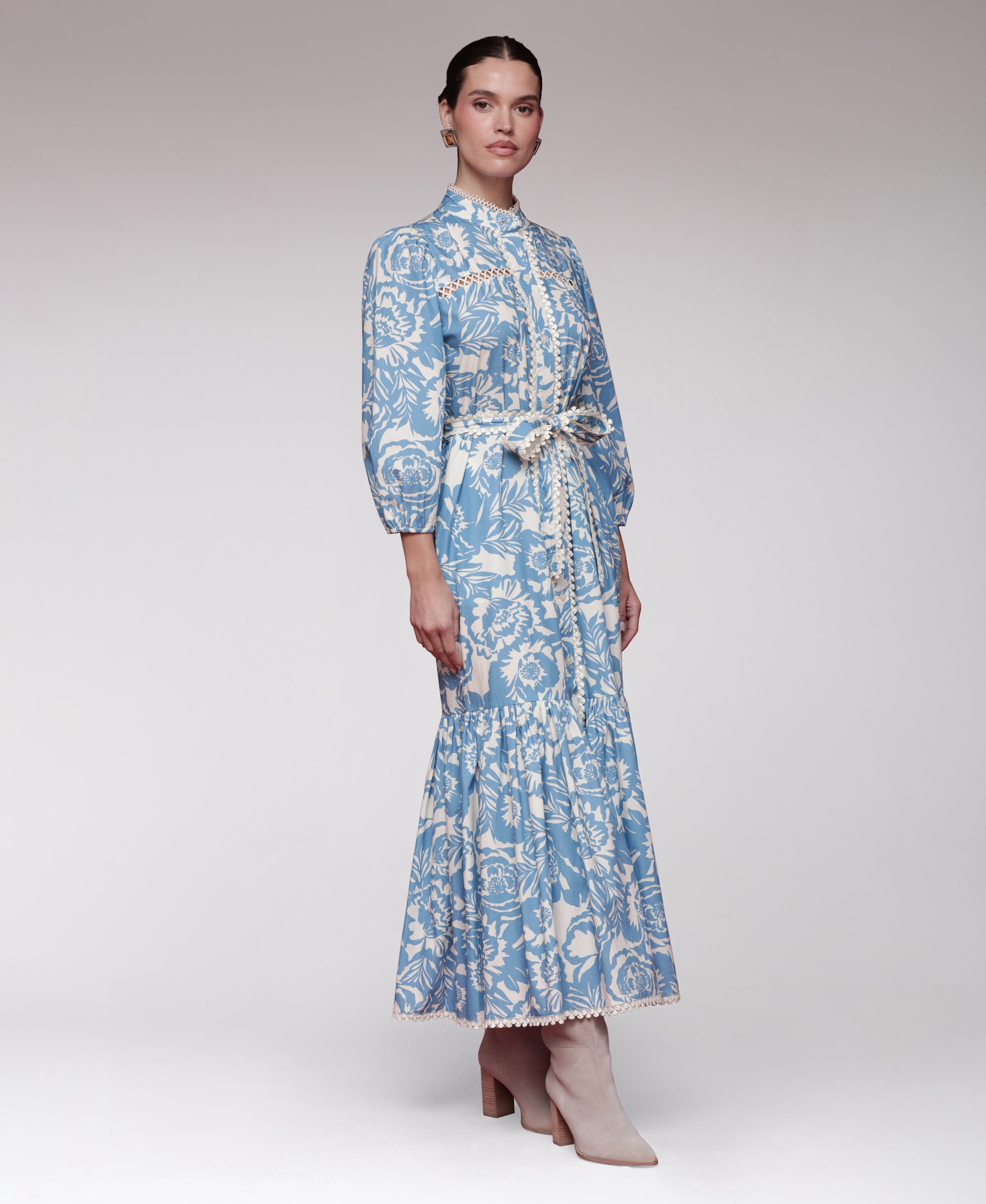 Modest maxi dress in blue floral with long sleeves - Women's cute maxi dresses by Avec Les Filles