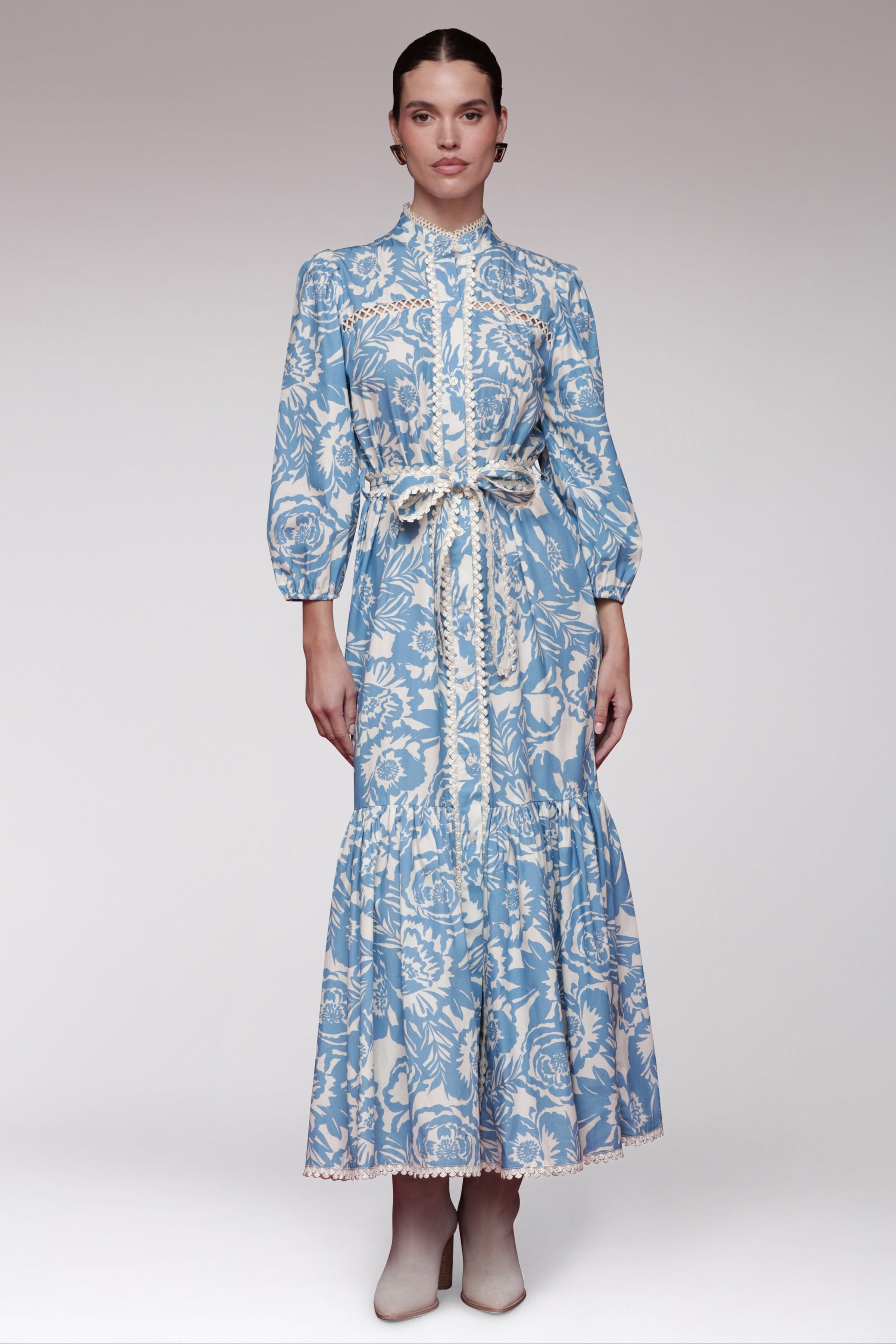 Long Sleeve Maxi Dress in Blue Floral with button front and belt. Cute maxi dresses by Avec Les Filles