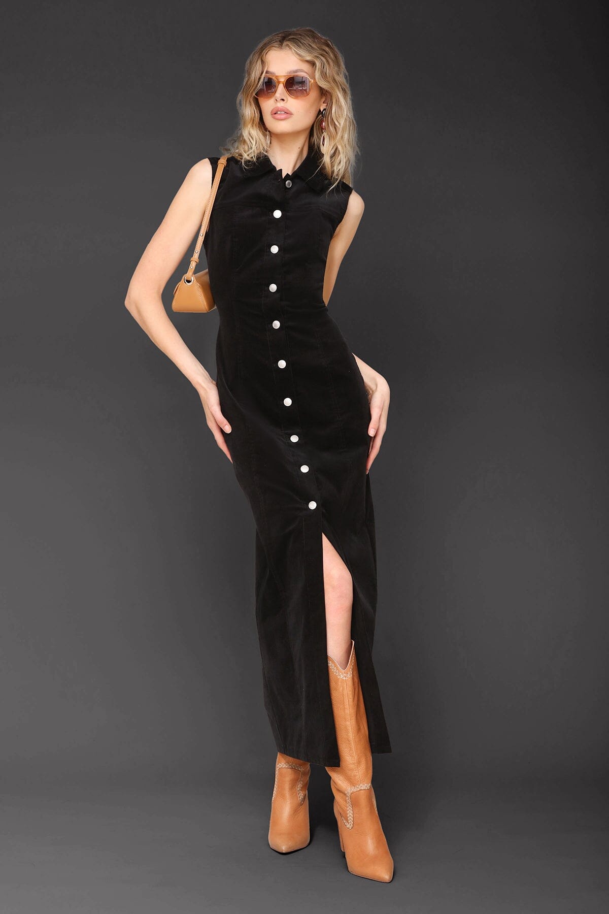Black sleeveless maxi corduroy dress made from cotton with button front and shirt collar neckline - Cute women's maxi dresses by Avec Les Filles