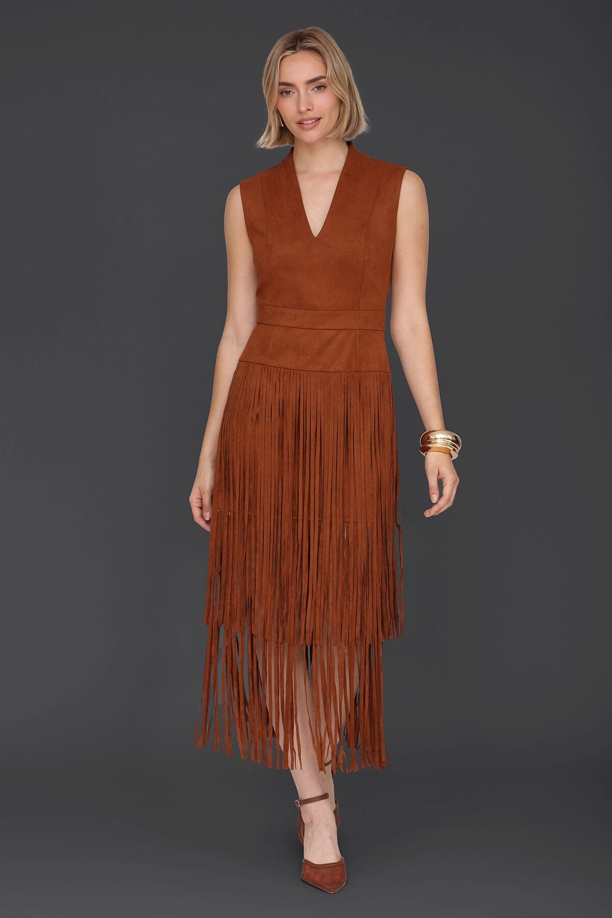 Brown faux suede tiered fringe midi dress with sleeveless and V-neck - Women’s figure flattering day to night dresses by Avec Les Filles