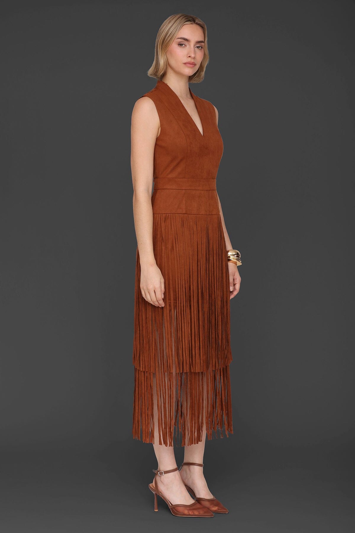 Brown faux suede tiered fringe midi dress with sleeveless and V-neck - Women’s figure flattering day to night dresses by Avec Les Filles