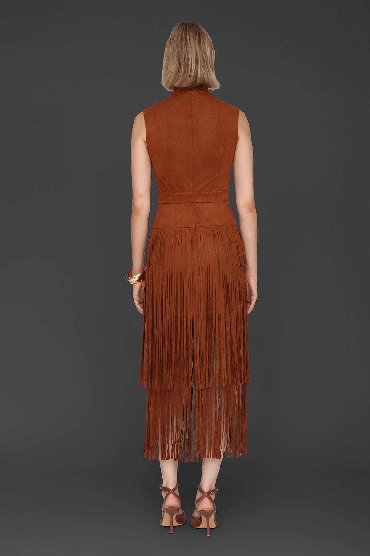 Brown faux suede tiered fringe midi dress with sleeveless and V-neck - Women’s figure flattering day to night dresses by Avec Les Filles