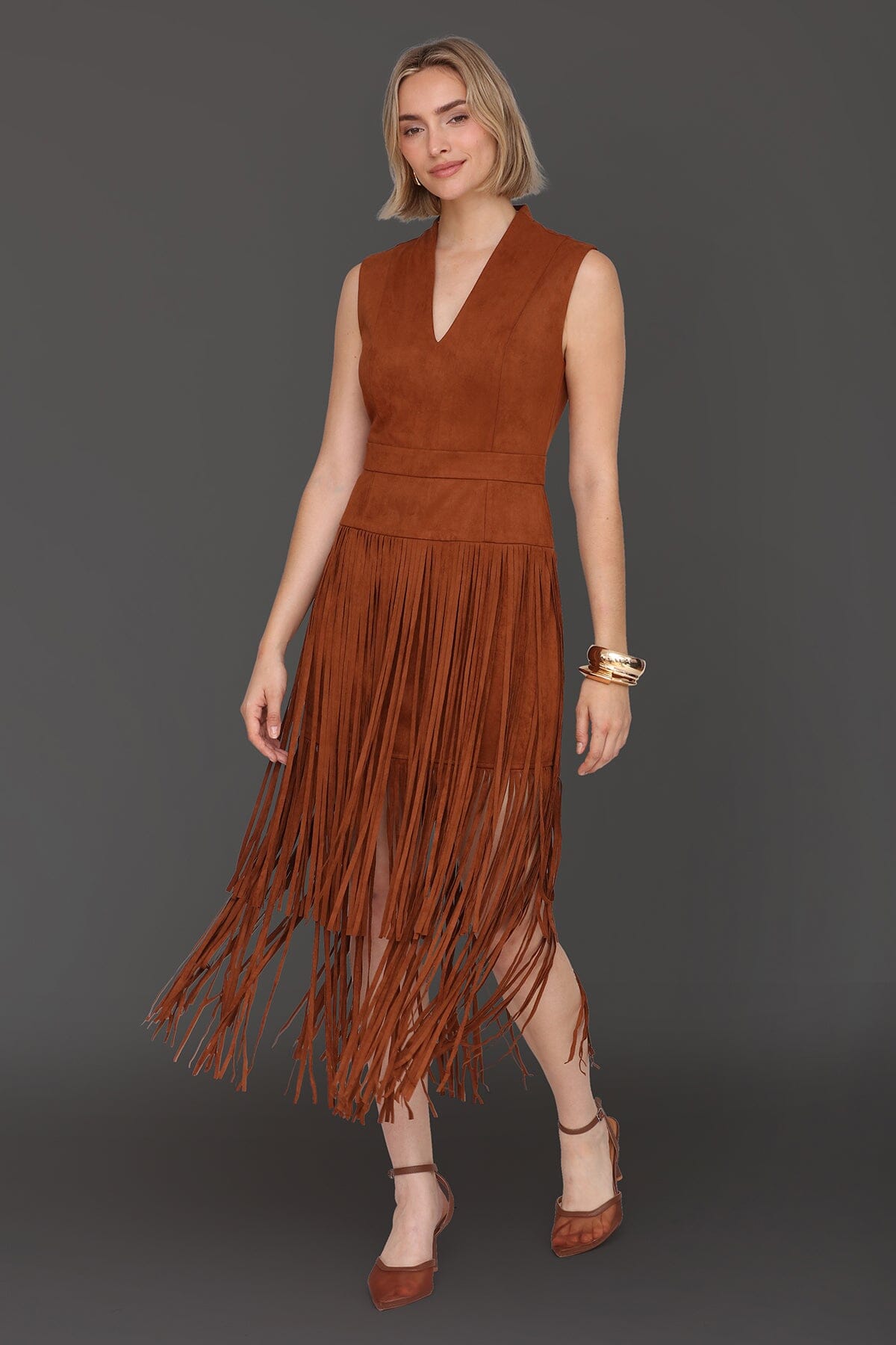 Brown faux suede tiered fringe midi dress with sleeveless and V-neck - Women’s figure flattering day to night dresses by Avec Les Filles