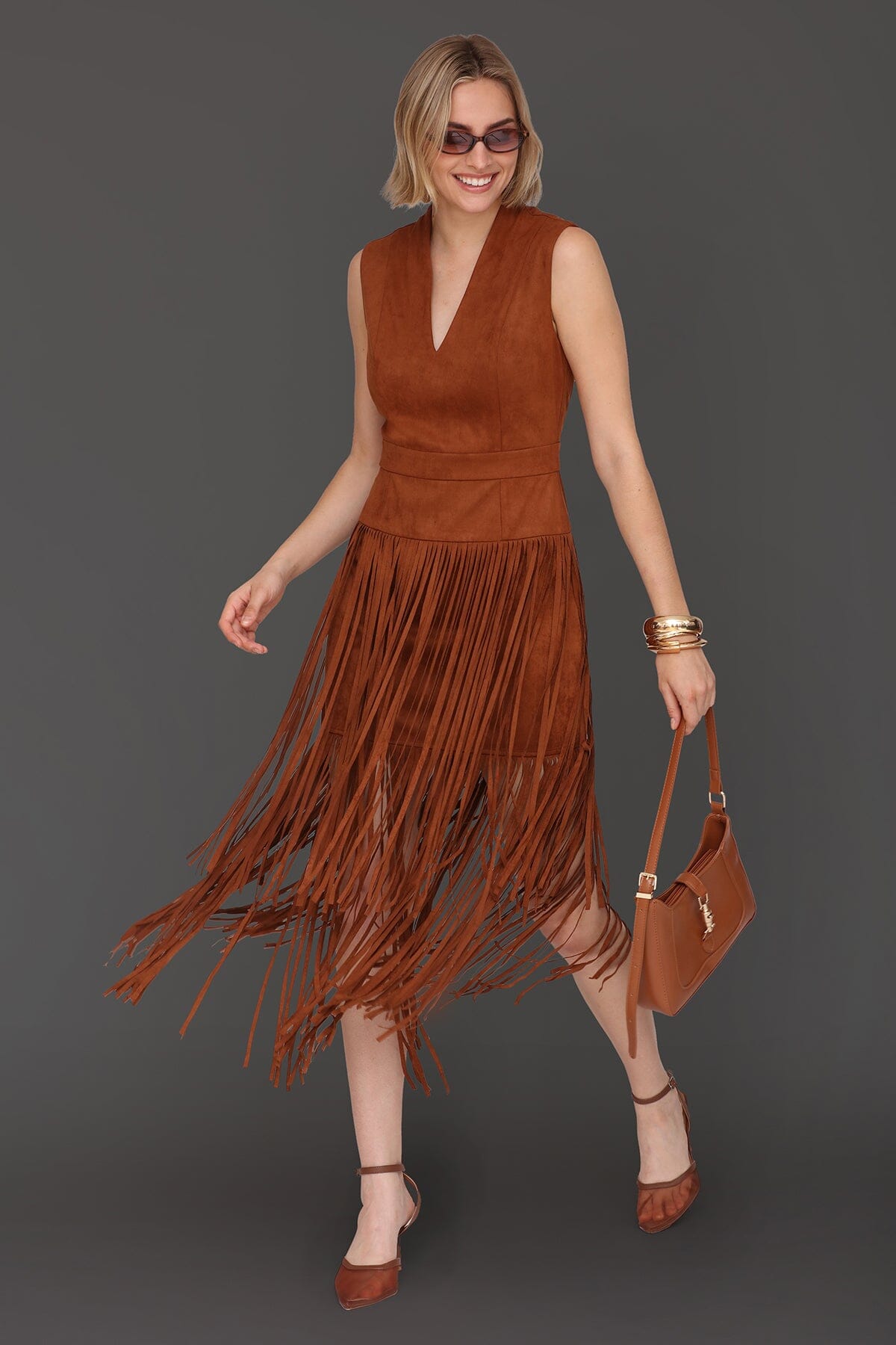 Brown faux suede tiered fringe midi dress with sleeveless and V-neck - Women’s figure flattering day to night dresses by Avec Les Filles