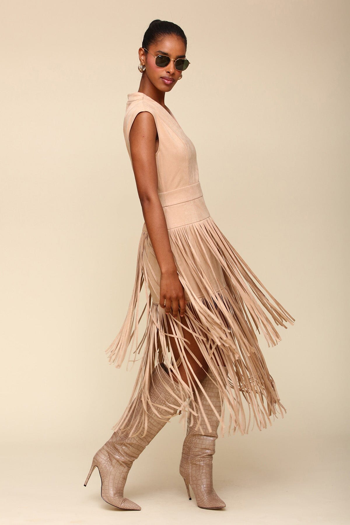 Beige Faux Suede Tiered Fringe Midi Dress - Women’s figure flattering day to night dresses by Avec Les Filles