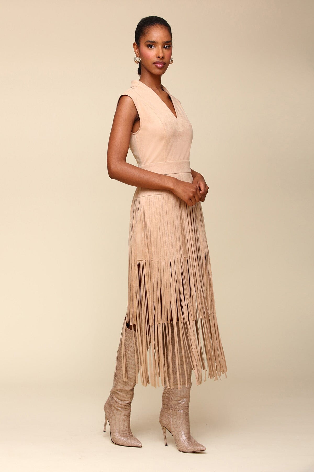 Beige Faux Suede Tiered Fringe Midi Dress - Women’s figure flattering day to night dresses by Avec Les Filles