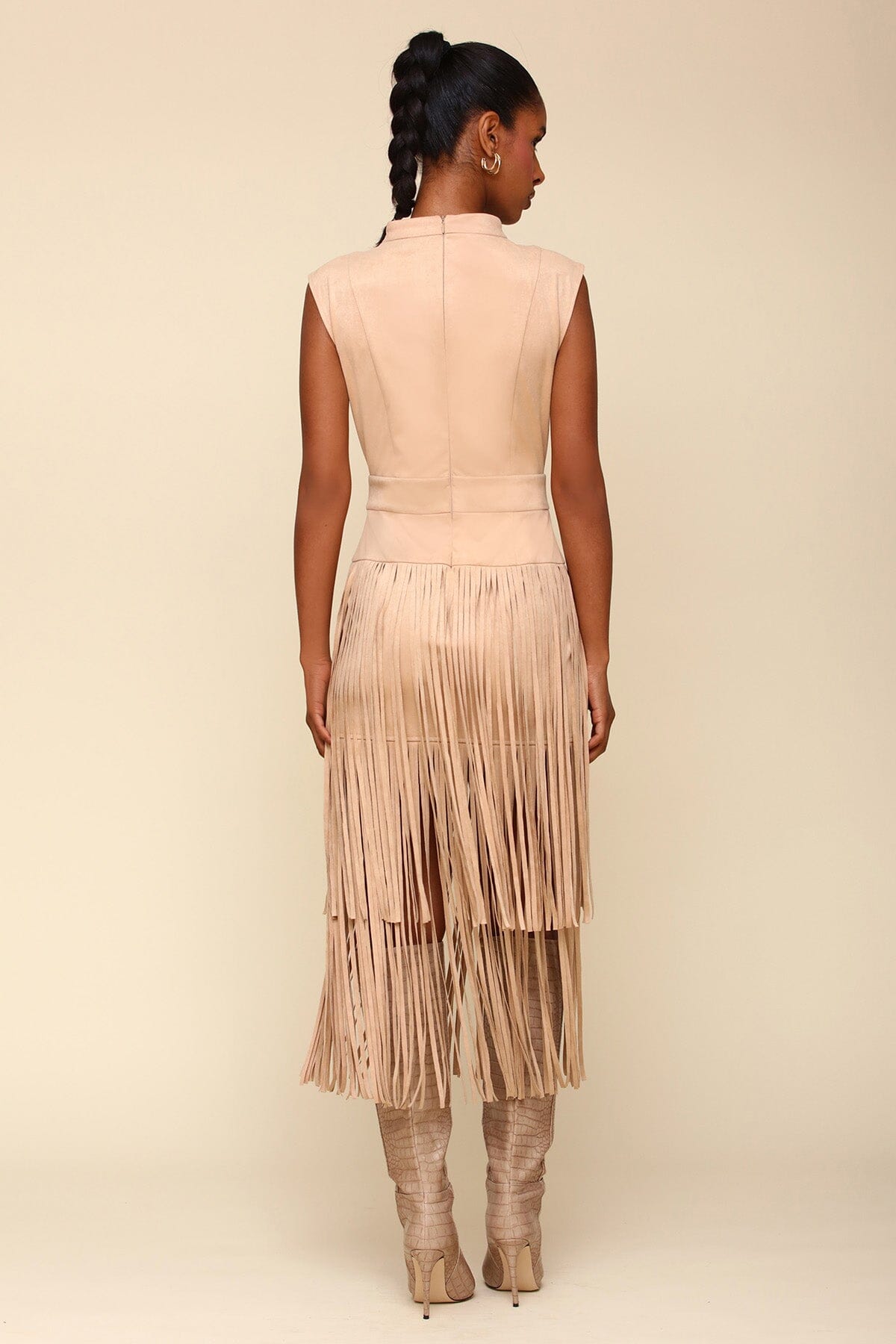 Beige Faux Suede Tiered Fringe Midi Dress - Women’s figure flattering day to night dresses by Avec Les Filles