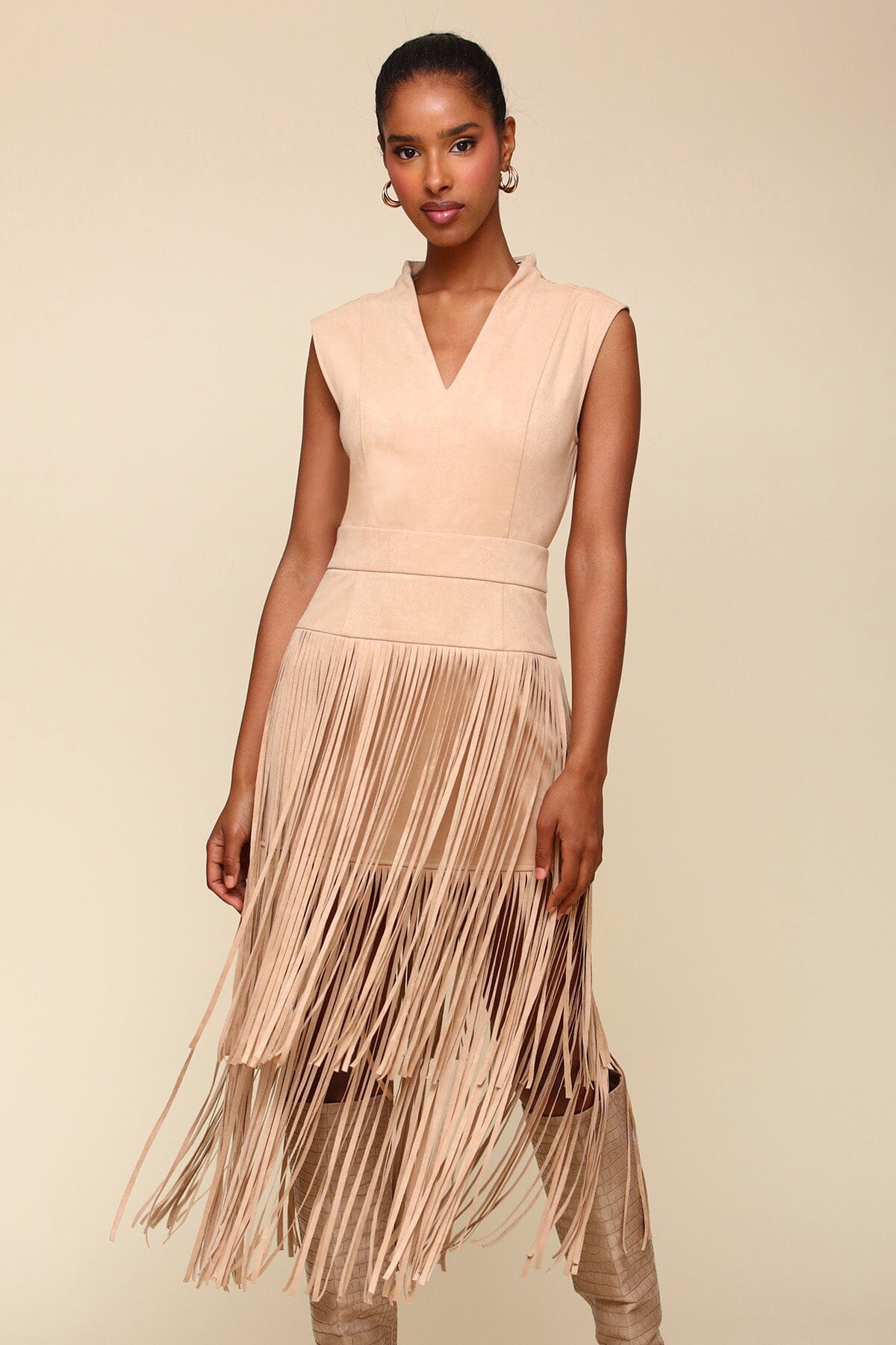 Beige Faux Suede Tiered Fringe Midi Dress - Women’s figure flattering day to night dresses by Avec Les Filles