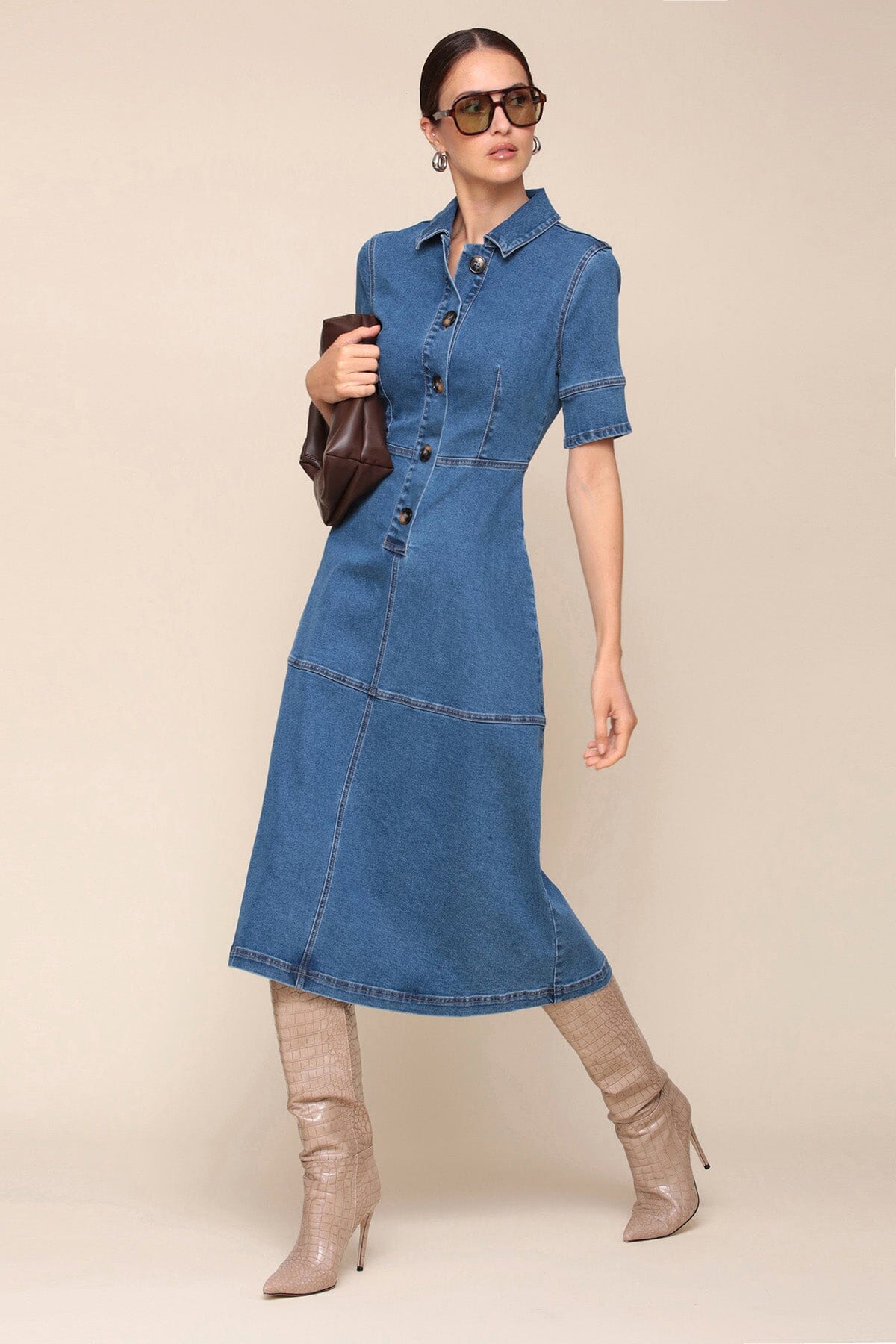 Denim blue midi shirt dress with short cuffed sleeves, classic shirt collar and button front - Cute women's midi dresses Avec Les Filles