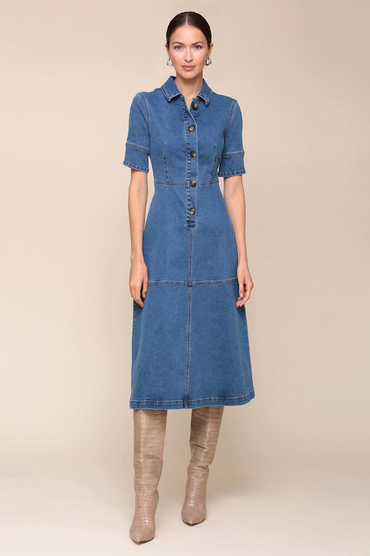 Denim blue midi shirt dress with short cuffed sleeves, classic shirt collar and button front - Cute women's midi dresses Avec Les Filles