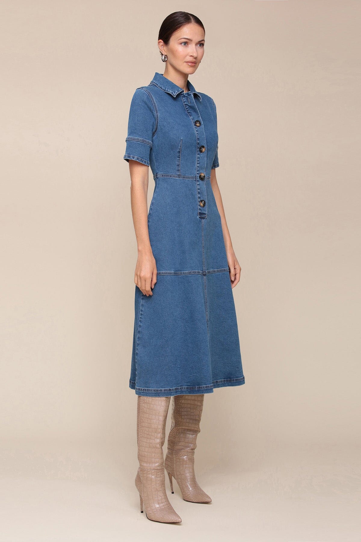 Denim blue midi shirt dress with short cuffed sleeves, classic shirt collar and button front - Cute women's midi dresses Avec Les Filles