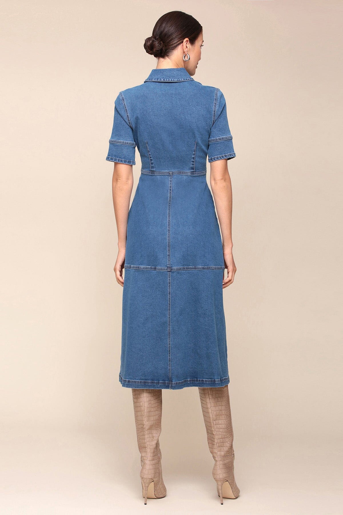 Denim blue midi shirt dress with short cuffed sleeves, classic shirt collar and button front - Cute women's midi dresses Avec Les Filles