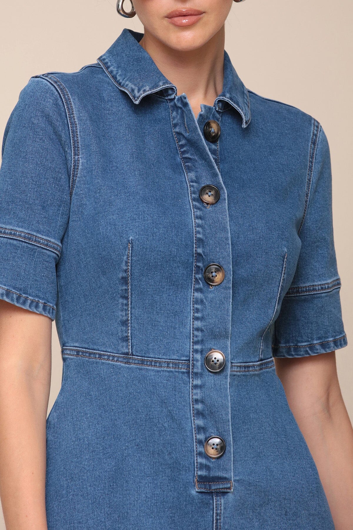 Denim blue midi shirt dress with short cuffed sleeves, classic shirt collar and button front - Cute women's midi dresses Avec Les Filles