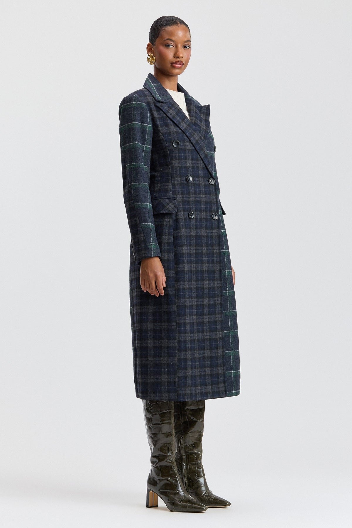 Navy-green plaid womens coat with a double-breasted front - Shop designer women's long coats by Avec Les Filles.