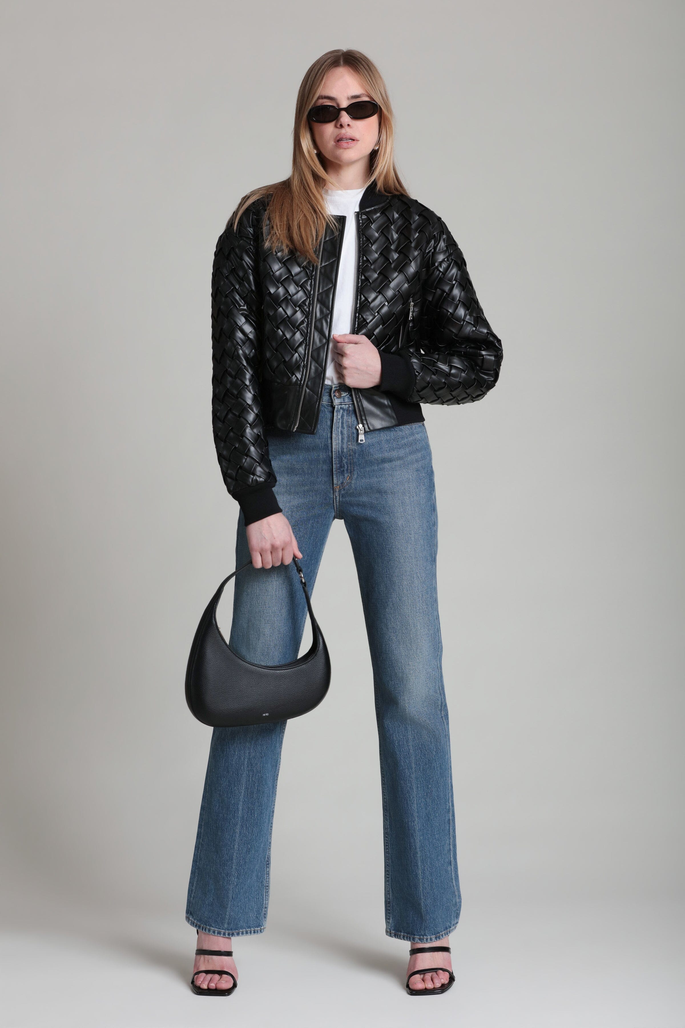 Woven faux leather black bomber jacket with drop-shoulders and relaxed fit - Shop bomber jackets by Avec Les Filles