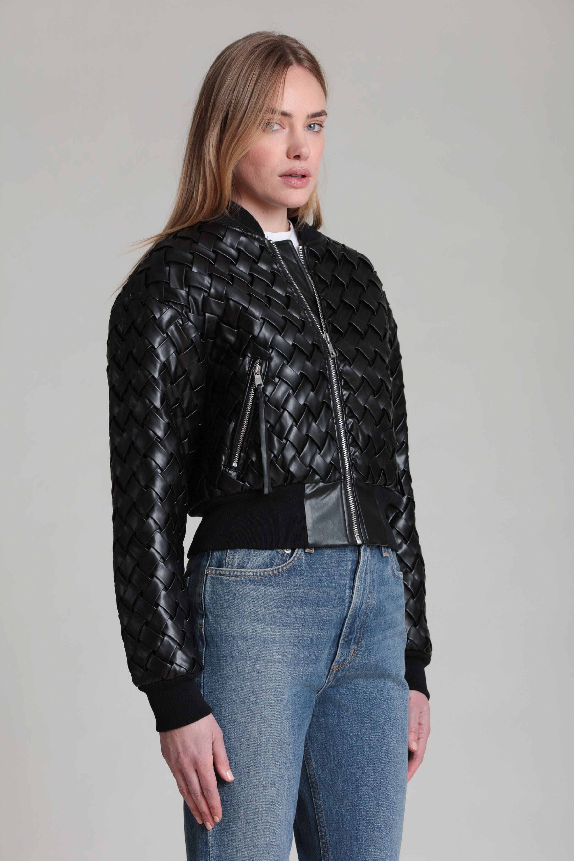 Woven faux leather black bomber jacket with drop-shoulders and relaxed fit - Shop cute bomber jackets by Avec Les Filles
