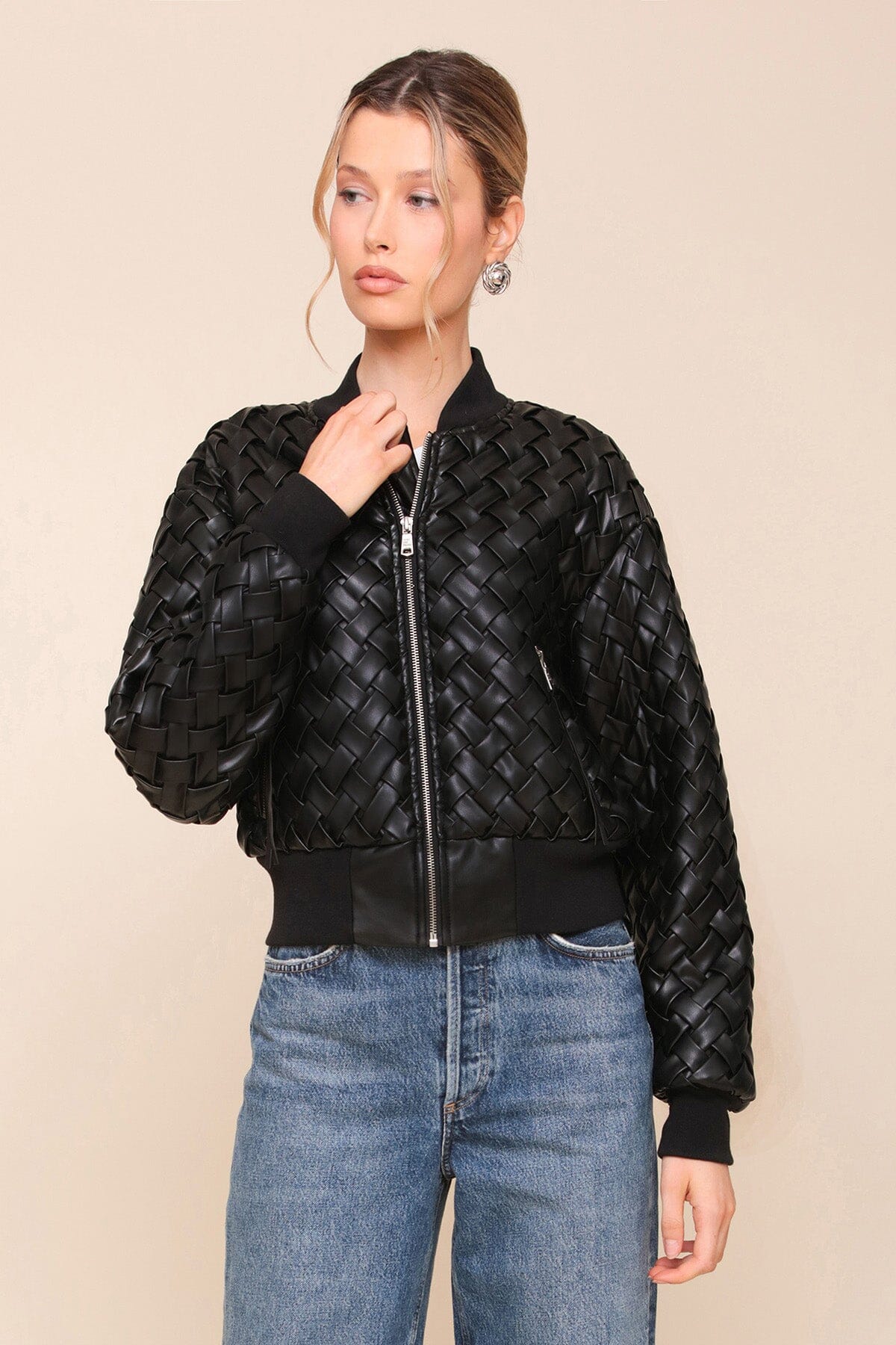 Black Woven Faux-Ever Leather Bomber Jacket - Women’s cute designer fashion jackets by Avec Les Filles