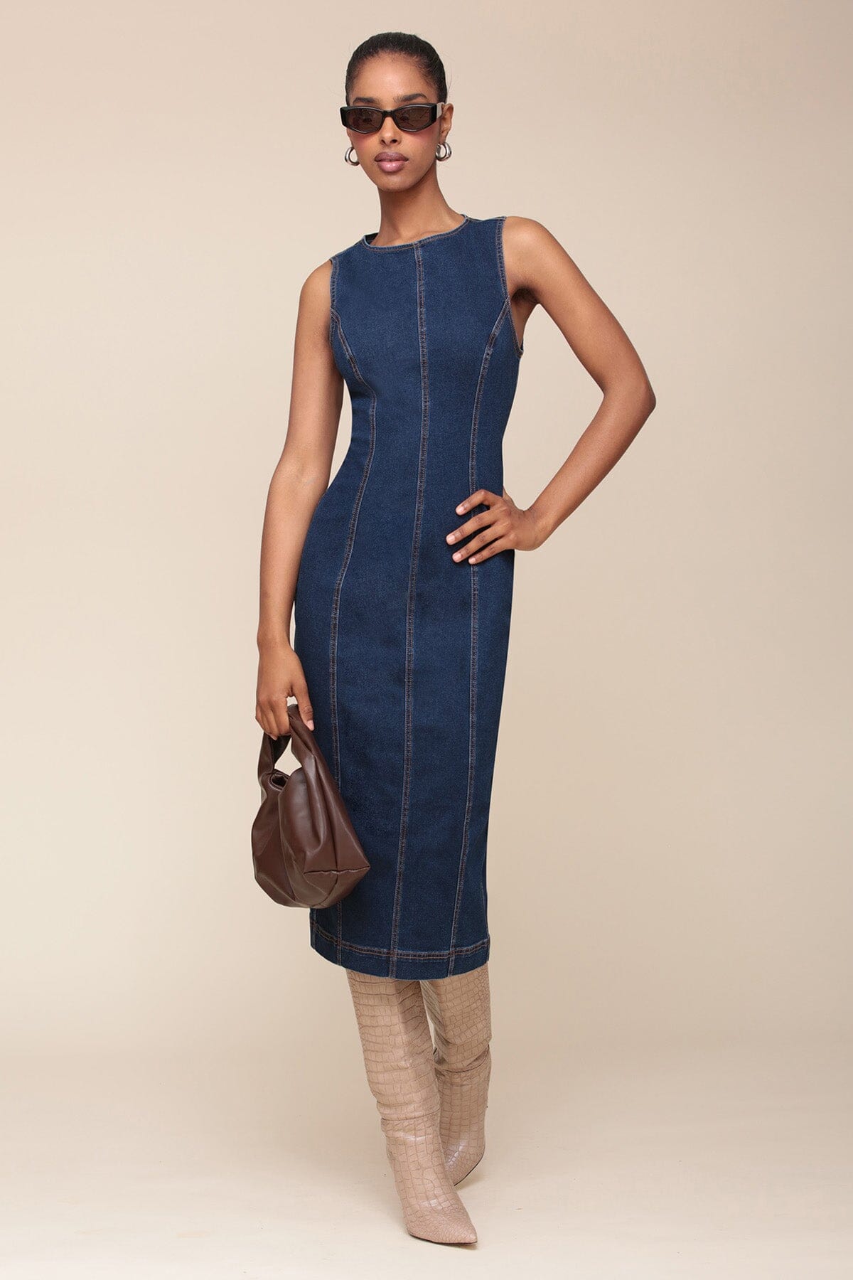 Navy blue denim bodycon crewneck sleeveless sheath dress with an easy zipper back closure - Cute womens dresses by Avec Les Filles