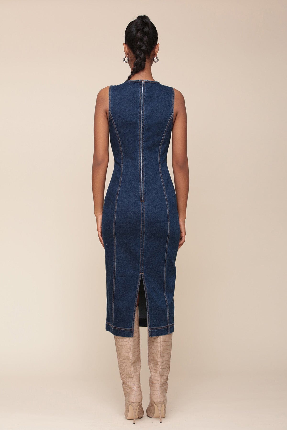 Navy blue denim bodycon crewneck sleeveless sheath dress with an easy zipper back closure - Cute womens dresses by Avec Les Filles