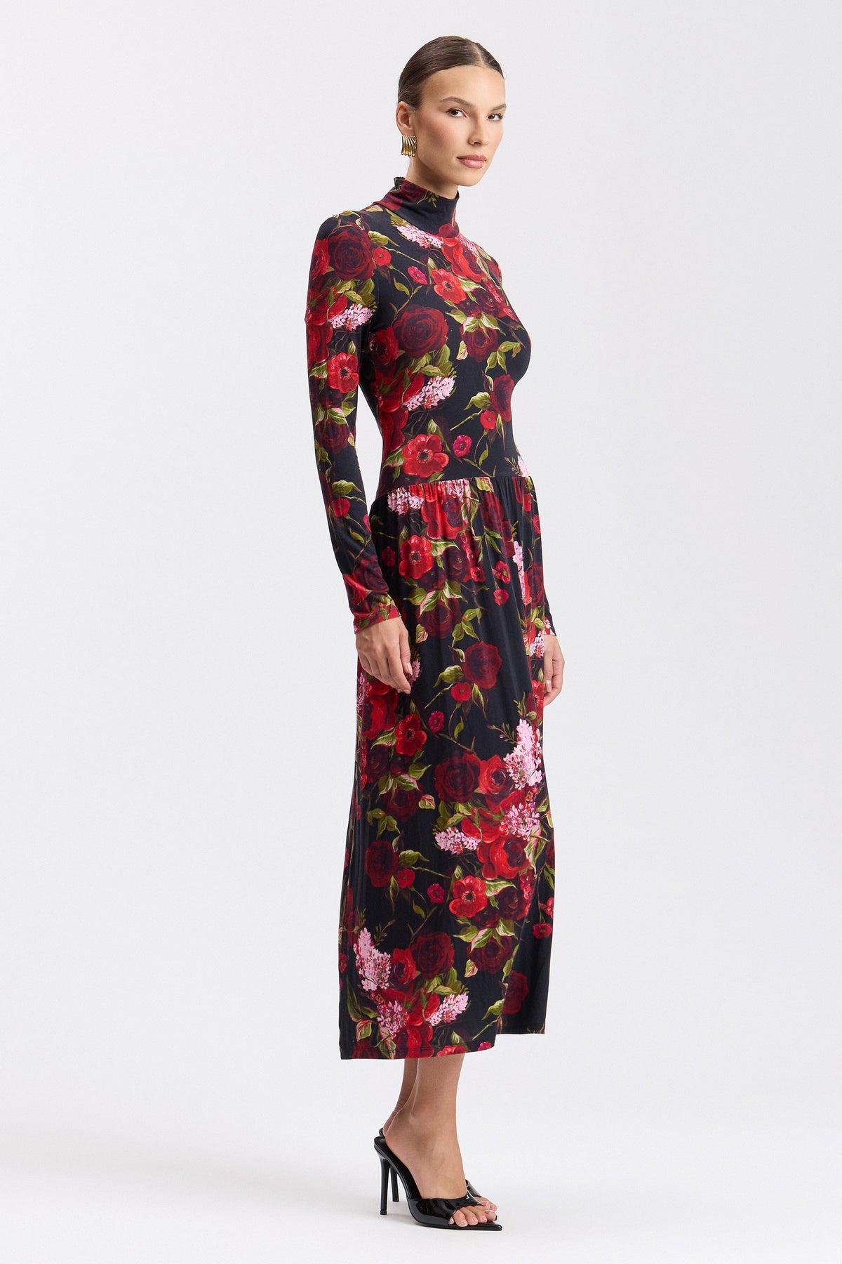 Black jersey floral-print holiday party midi dress - Shop designer women's cute midi dresses by Avec Les Filles.